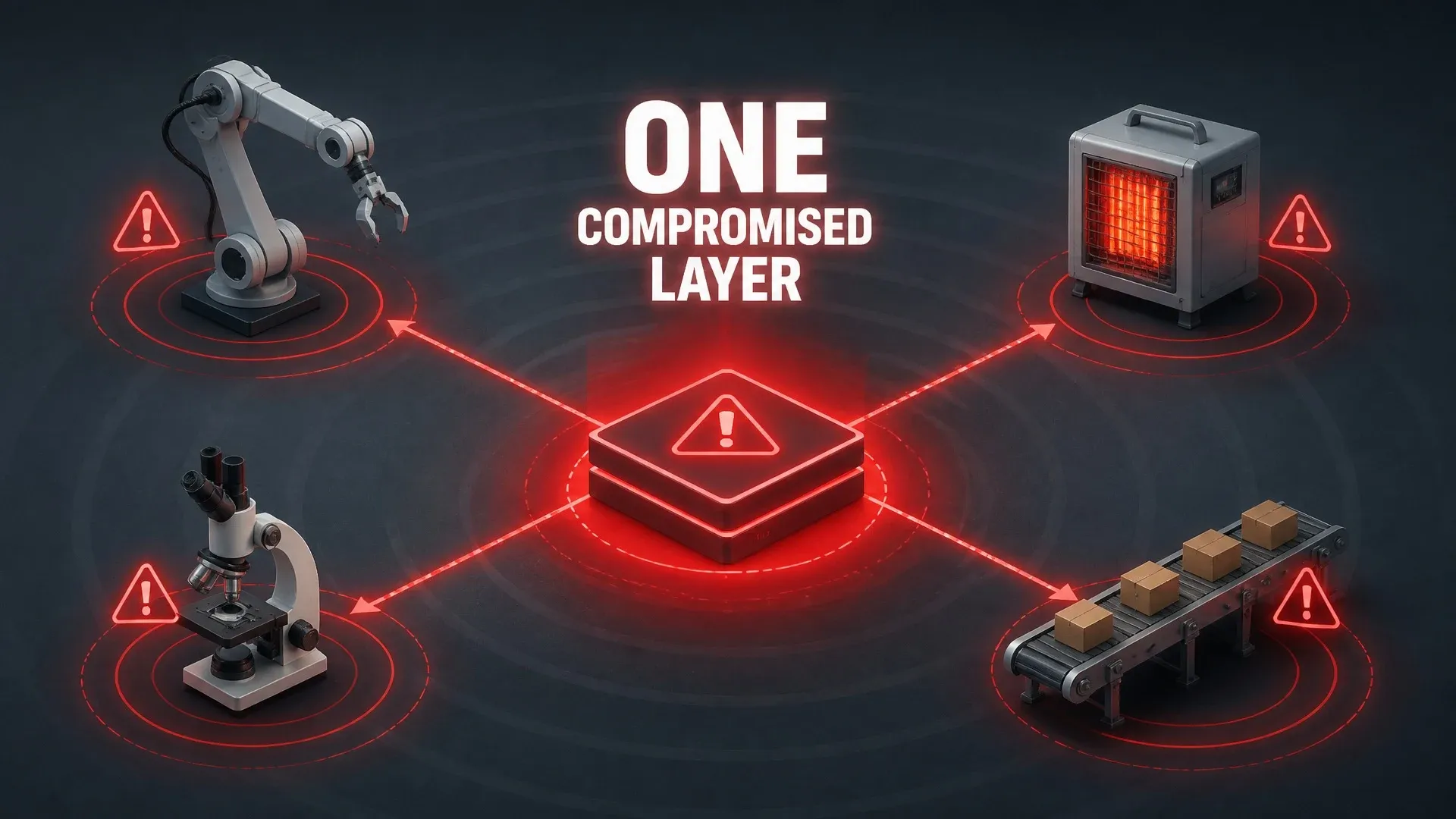 Compromised central control layer sending warning lines toward several connected robots and laboratory devices.