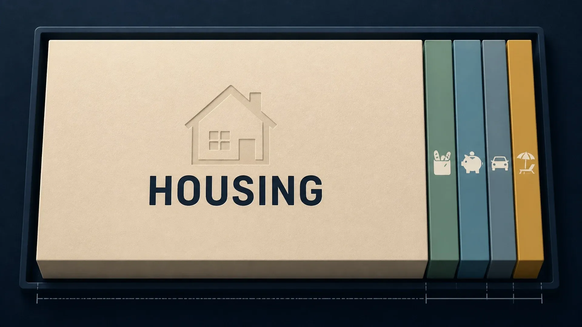 A housing payment block sits beside separate categories for food, savings, transportation, and leisure.