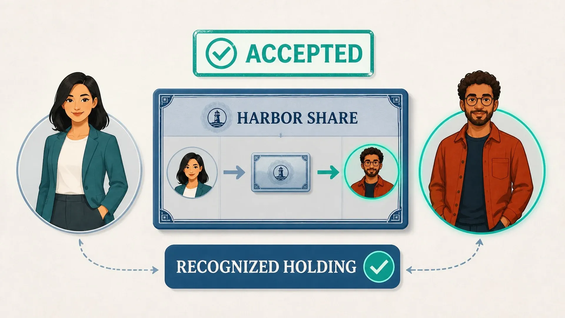A transfer from one investor to another is marked accepted beside a register showing the new recognized holding.