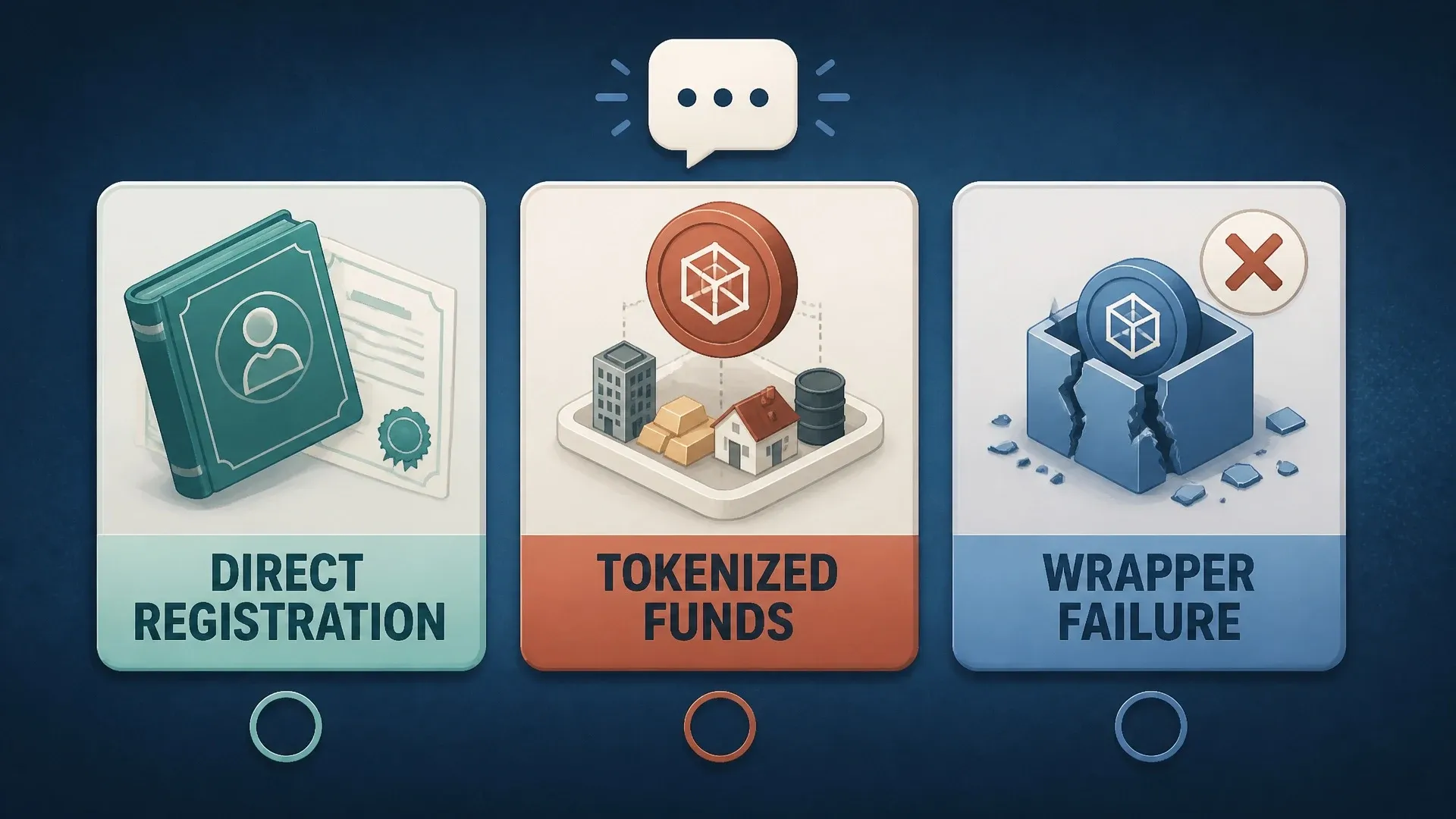 Three panels compare direct registration, a tokenized fund, and a failed third-party wrapper.