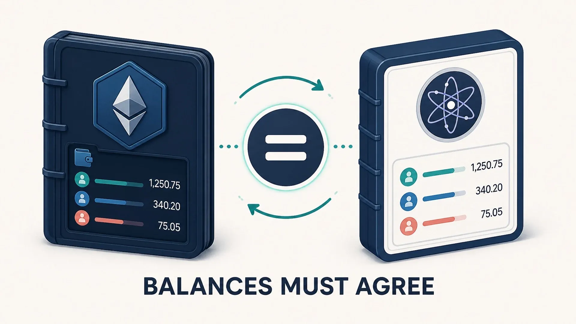 Side-by-side Ethereum and Cosmos account ledgers connected by an equals sign and labeled balances must agree.
