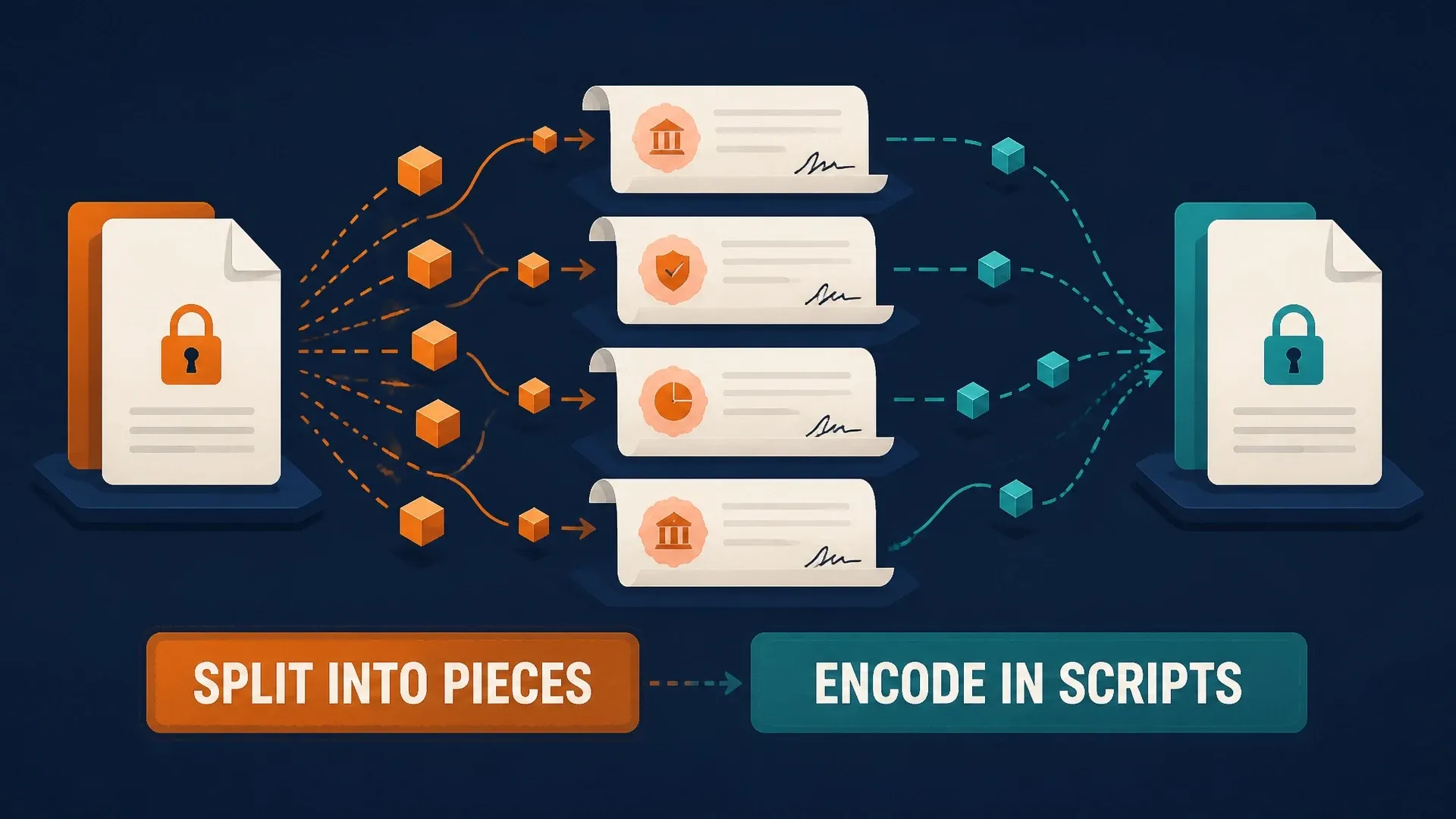 A locked data file divided into smaller pieces and encoded across several Bitcoin-like scripts.