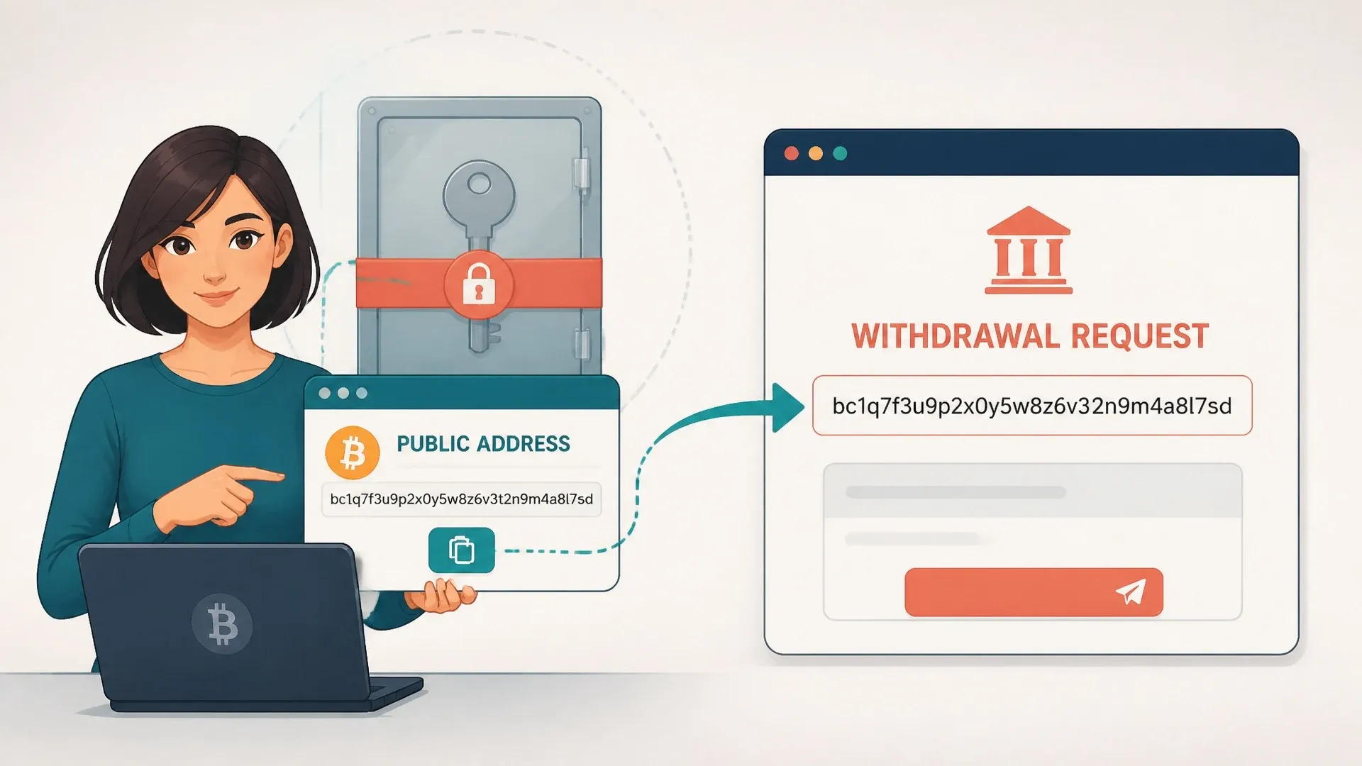A user copies a public Bitcoin address into an exchange withdrawal request while retaining the private key.