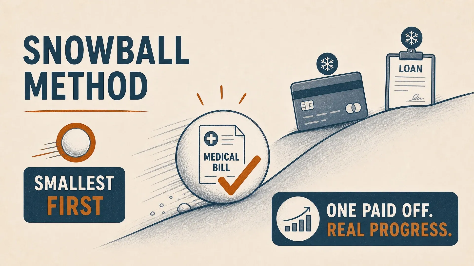 A small medical bill rolling first in a snowball order before a credit card and a larger loan.