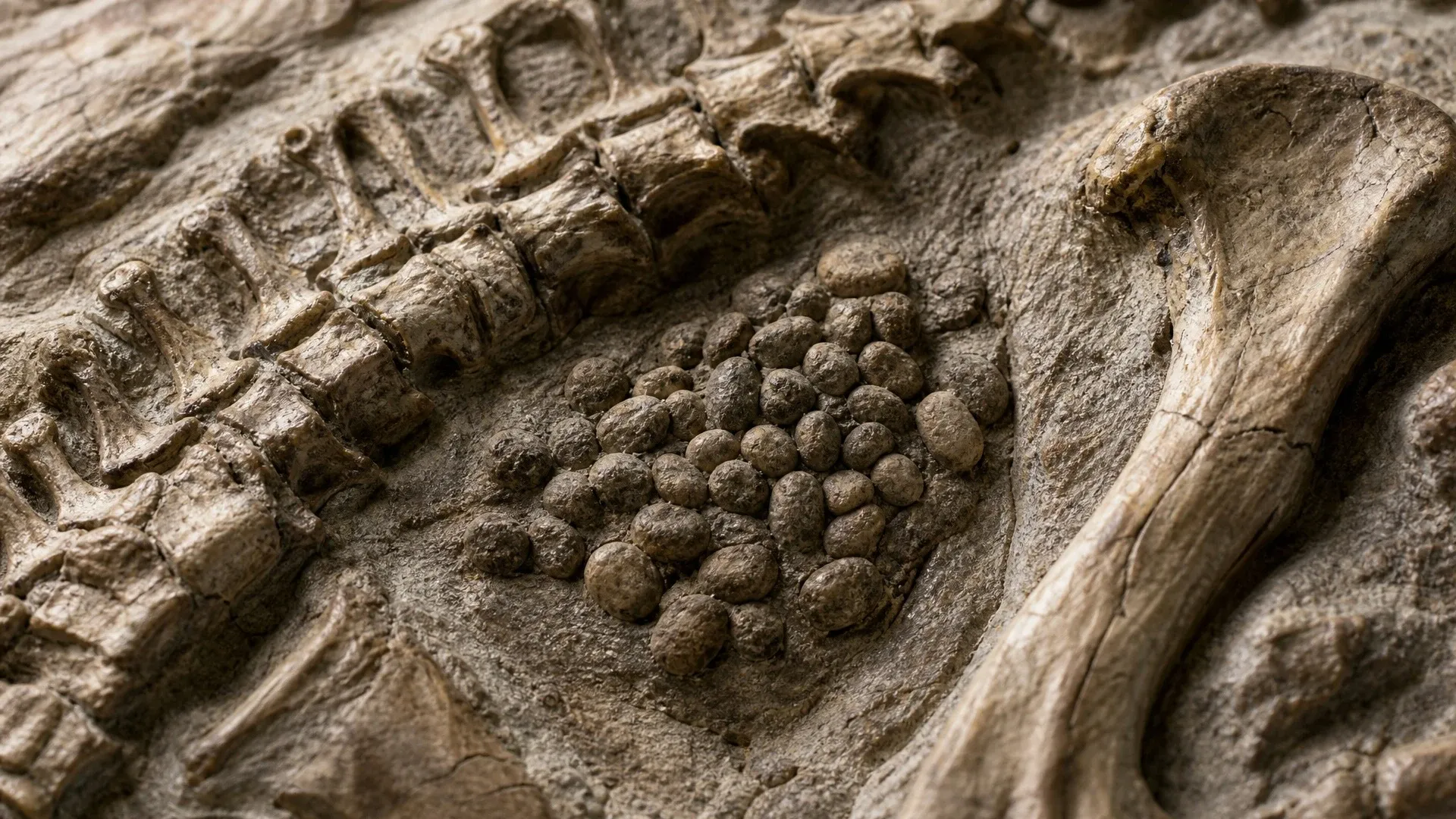 Illustrated close-up of a compact cluster of rounded gastroliths beside vertebrae and a large limb bone.