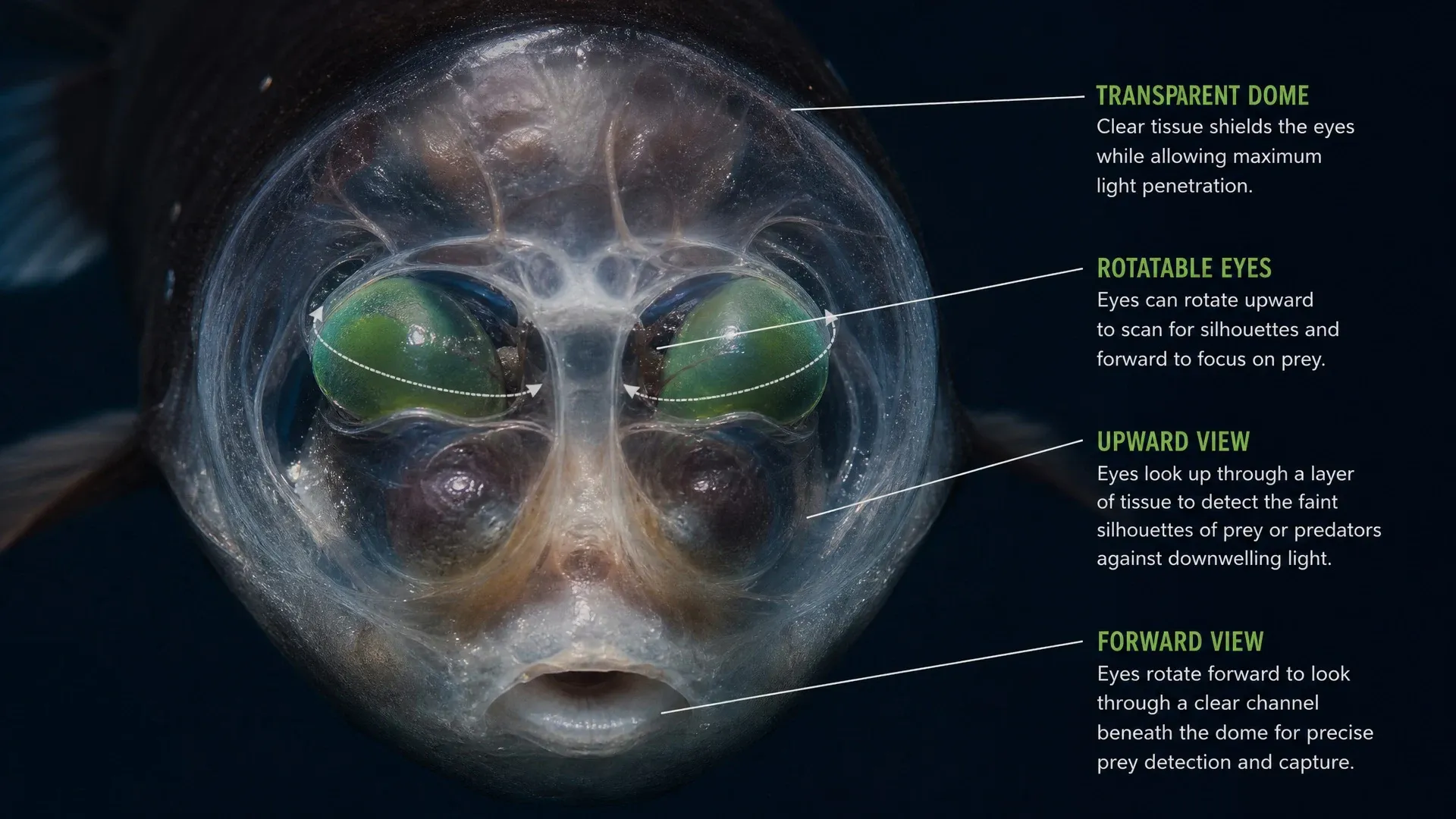 Front view of a barreleye fish with labels pointing to its transparent dome, green tubular eyes, nostrils, and mouth.