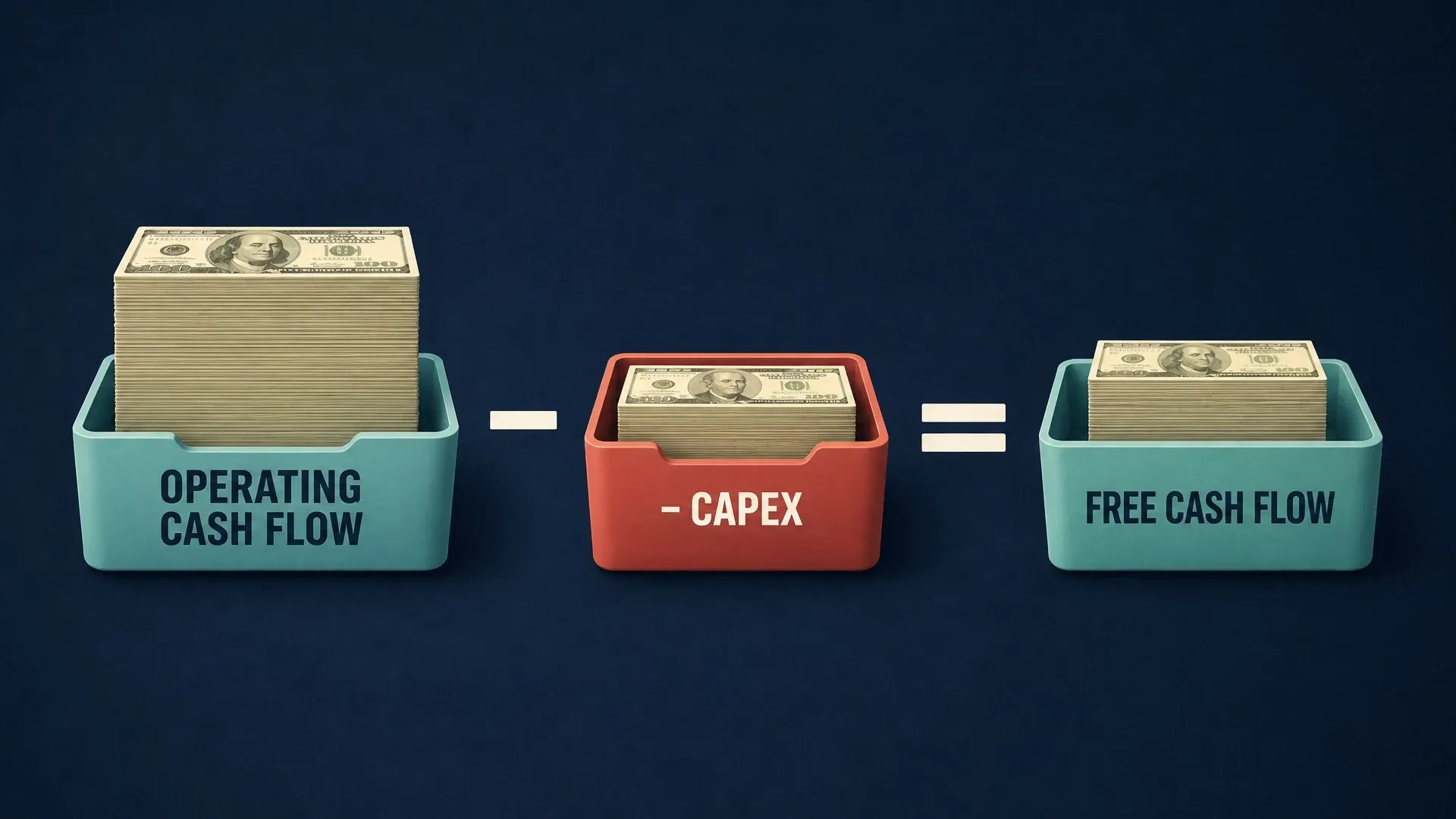 Three-part diagram showing operating cash flow minus capital expenditure equaling free cash flow.