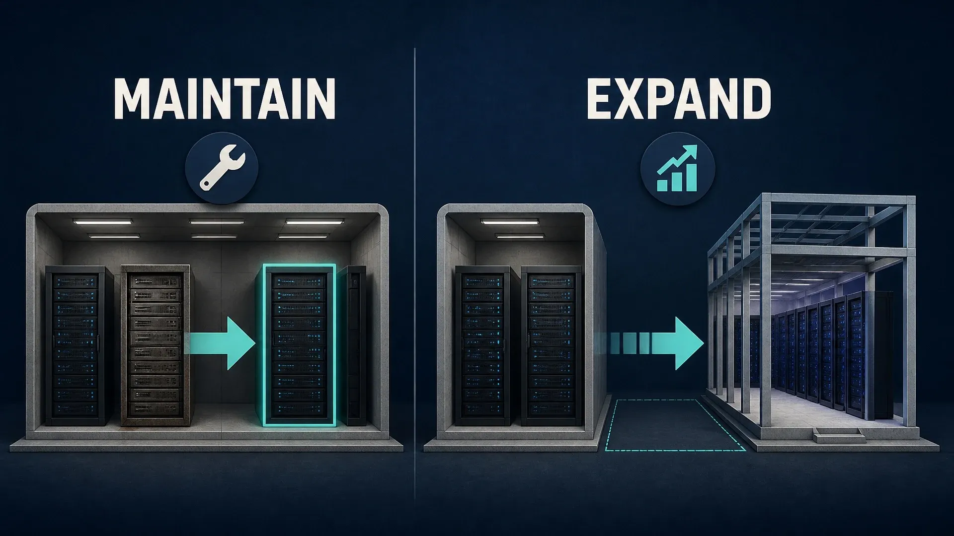 Side-by-side server cabinets labeled maintain and expand to distinguish two kinds of capital expenditure.