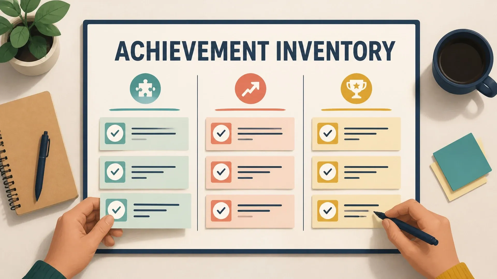 An achievement inventory groups overlooked examples from work, study, volunteering, and personal projects.
