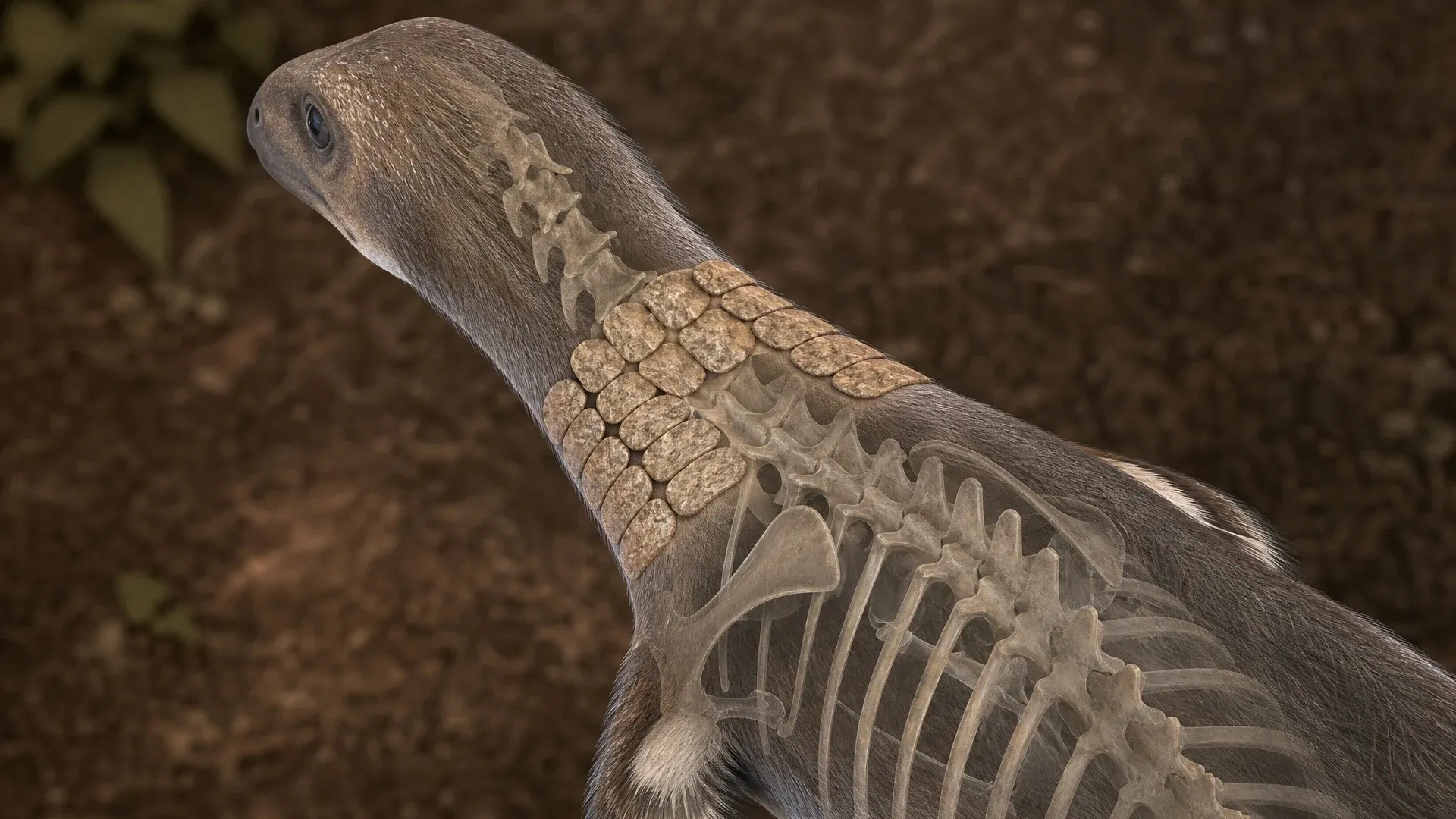 A translucent reconstruction of connected neck osteoderms showing a thin outer shell around porous internal bone.
