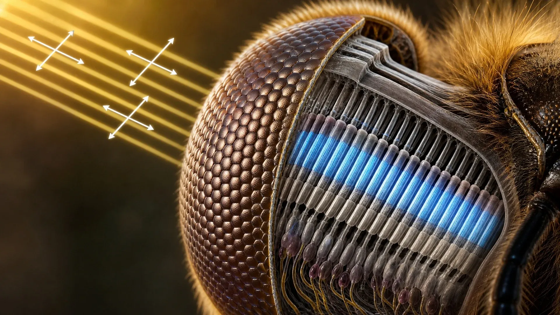Cutaway illustration of a honeybee compound eye with aligned light-sensitive structures highlighted in blue.