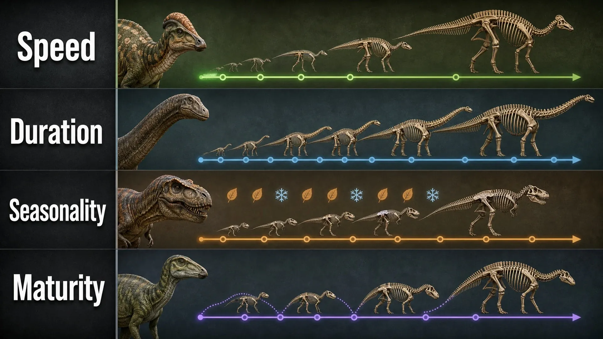 Four illustrated dinosaur growth timelines comparing speed, duration, seasonality, and maturity.