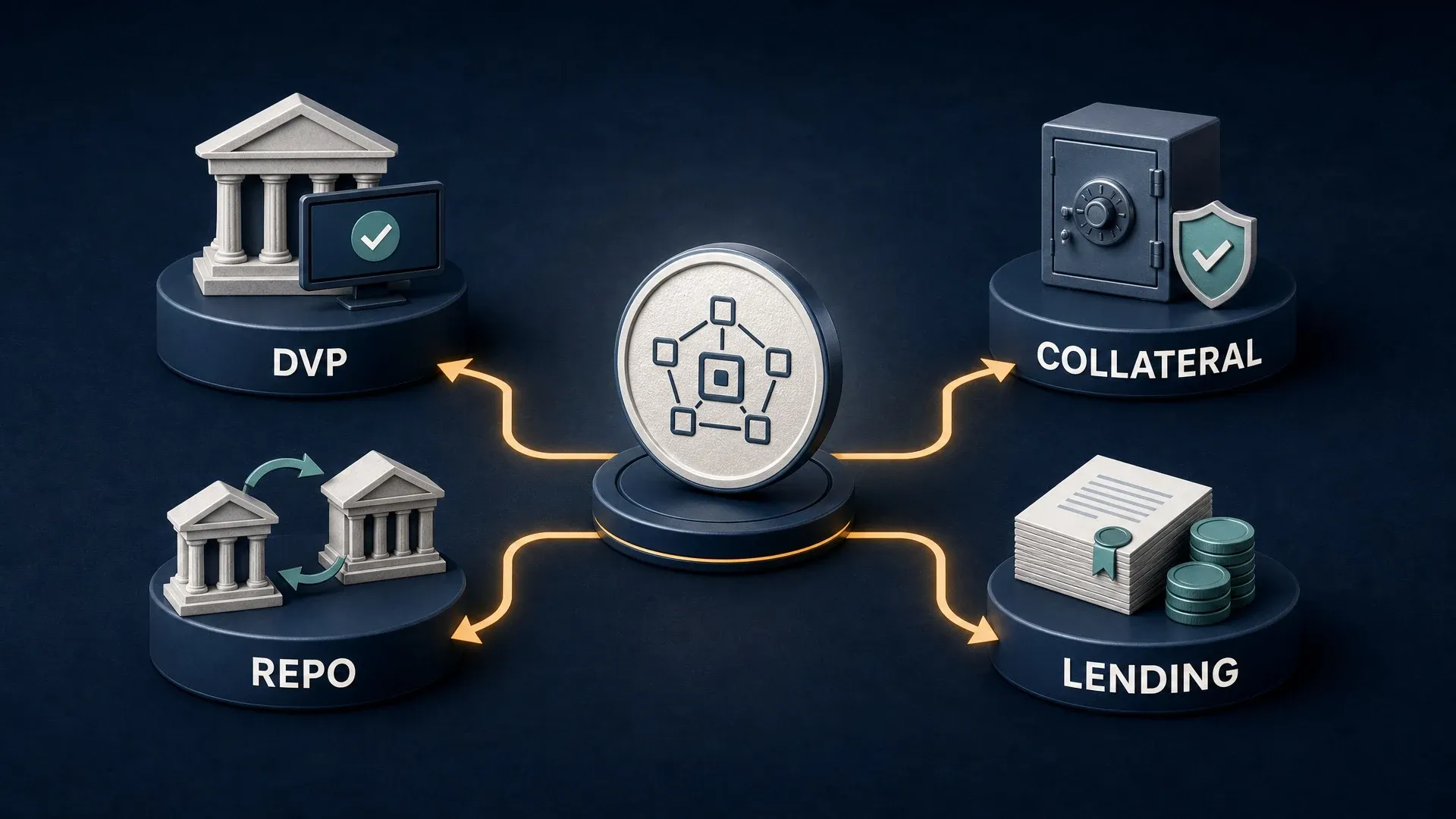 A diagram connecting a tokenized security to delivery-versus-payment, repo, collateral, and securities-lending workflows.