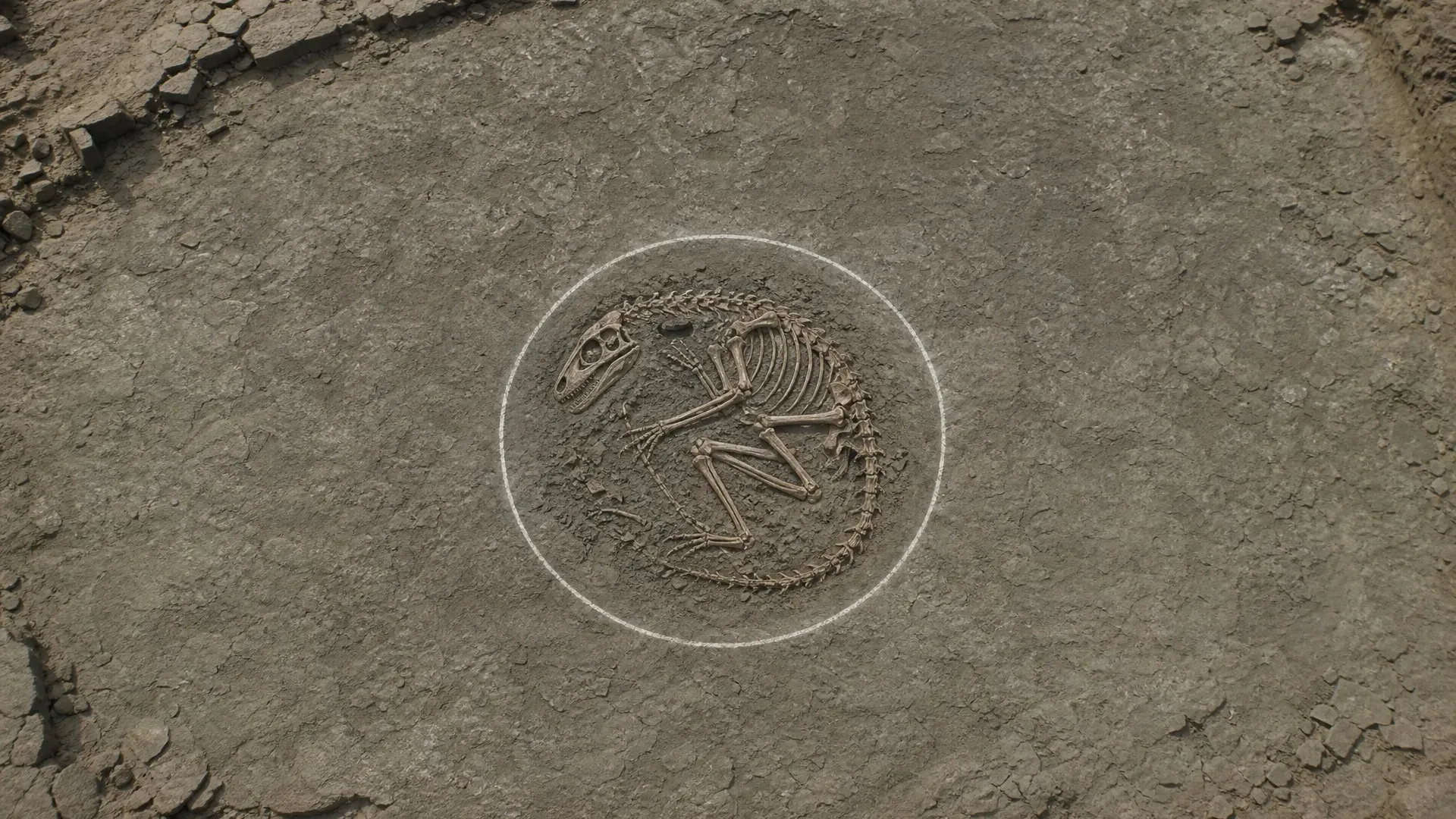 A compact curled dinosaur skeleton marked within a small circular patch of sediment.