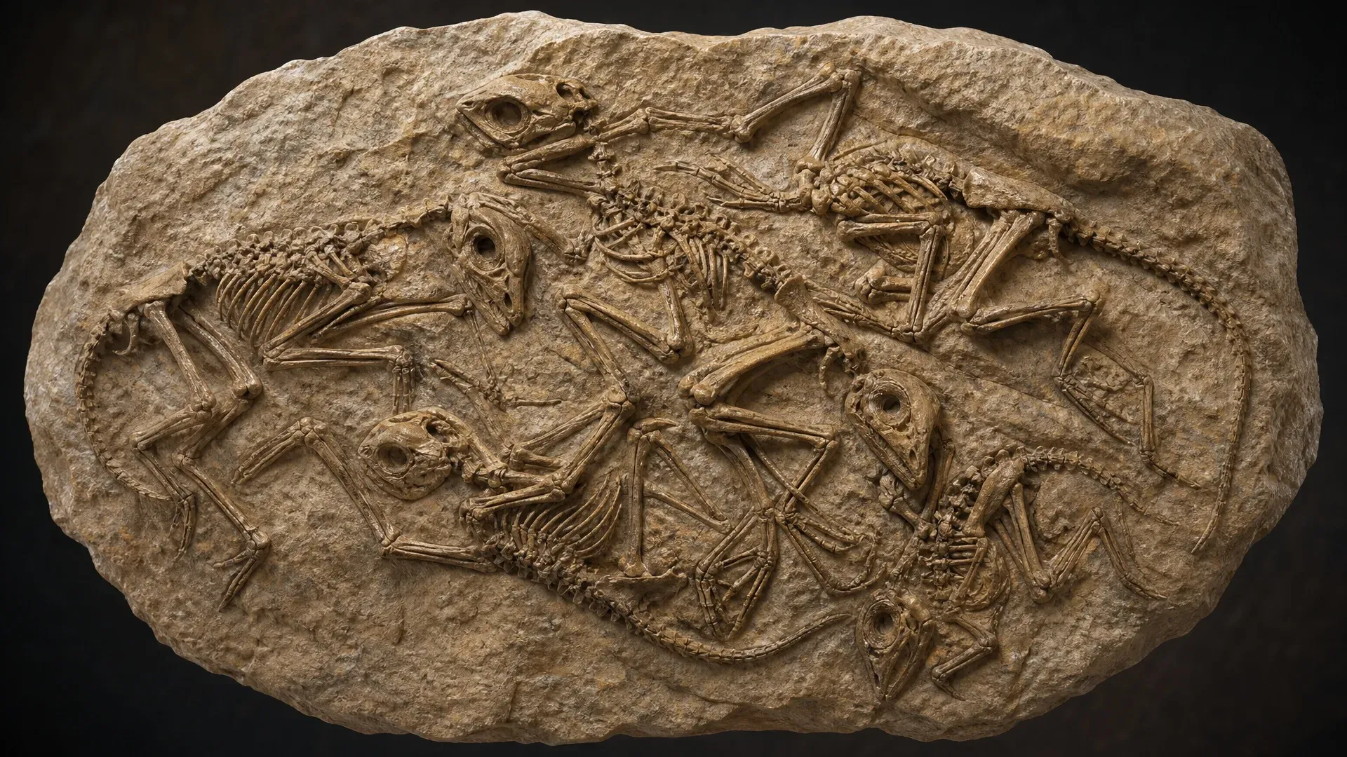 Several small dinosaur skeletons preserved close together inside one slab of rock.
