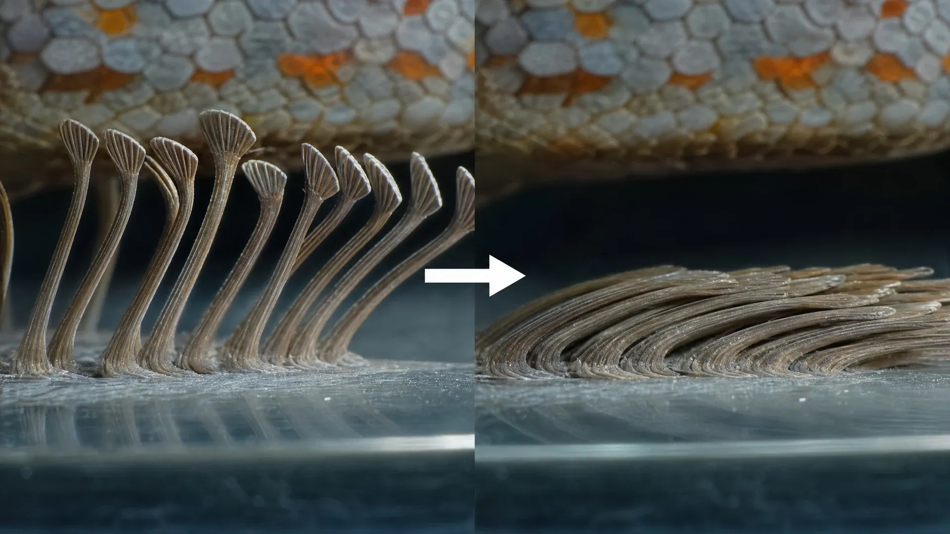 Split view of gecko setae standing upright and bending together under directional force against glass.