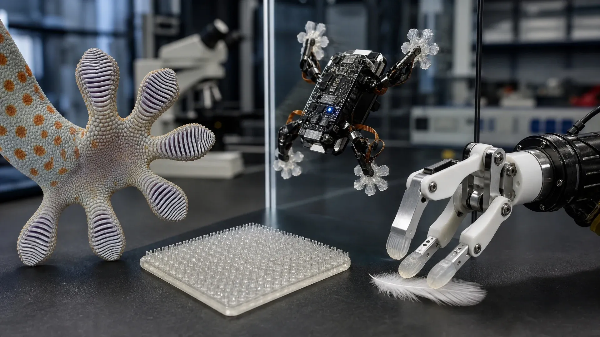 Gecko foot, synthetic microstructured adhesive, wall-climbing robot, and delicate robotic gripper in a laboratory.