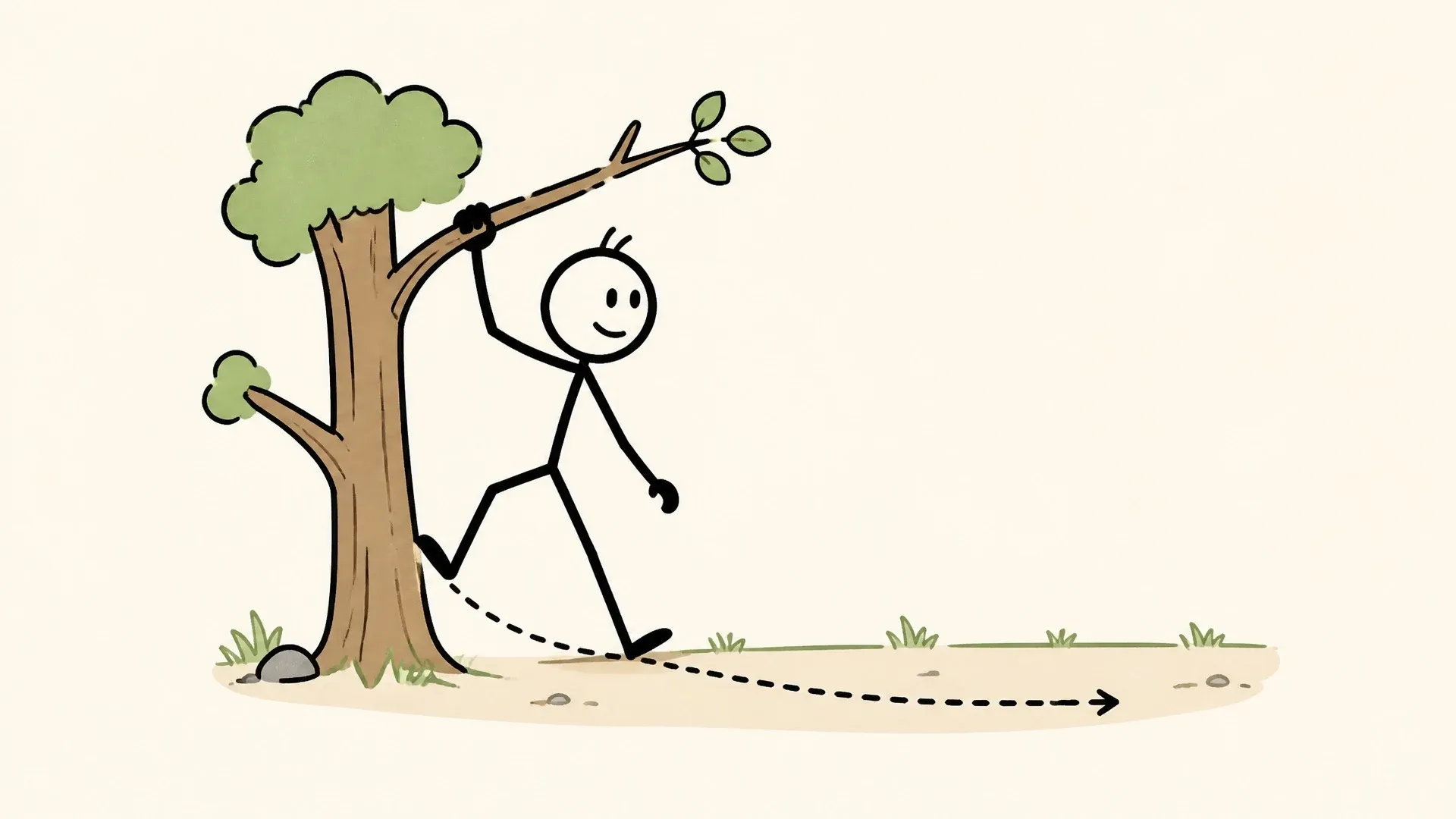 An early hominin climbs down from a tree and follows a dotted path while walking upright.