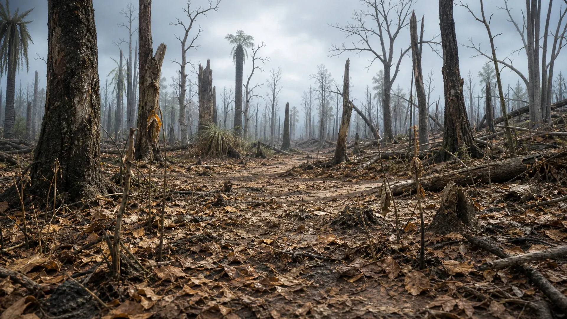 A dead forest under a dim sky beside notes about dust, severe cooling, and halted photosynthesis.