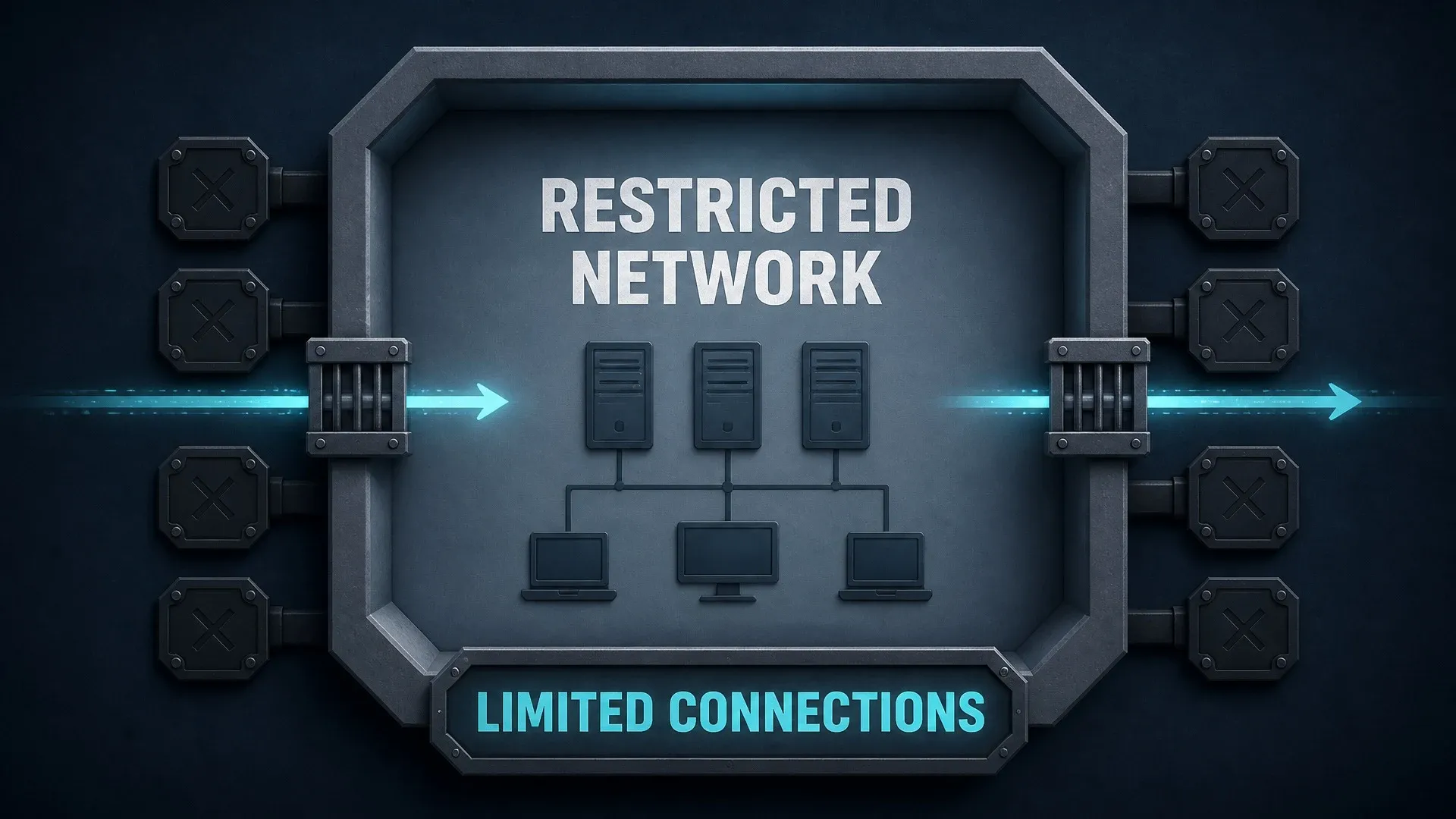 A restricted network diagram with only two narrow permitted connections crossing its boundary.