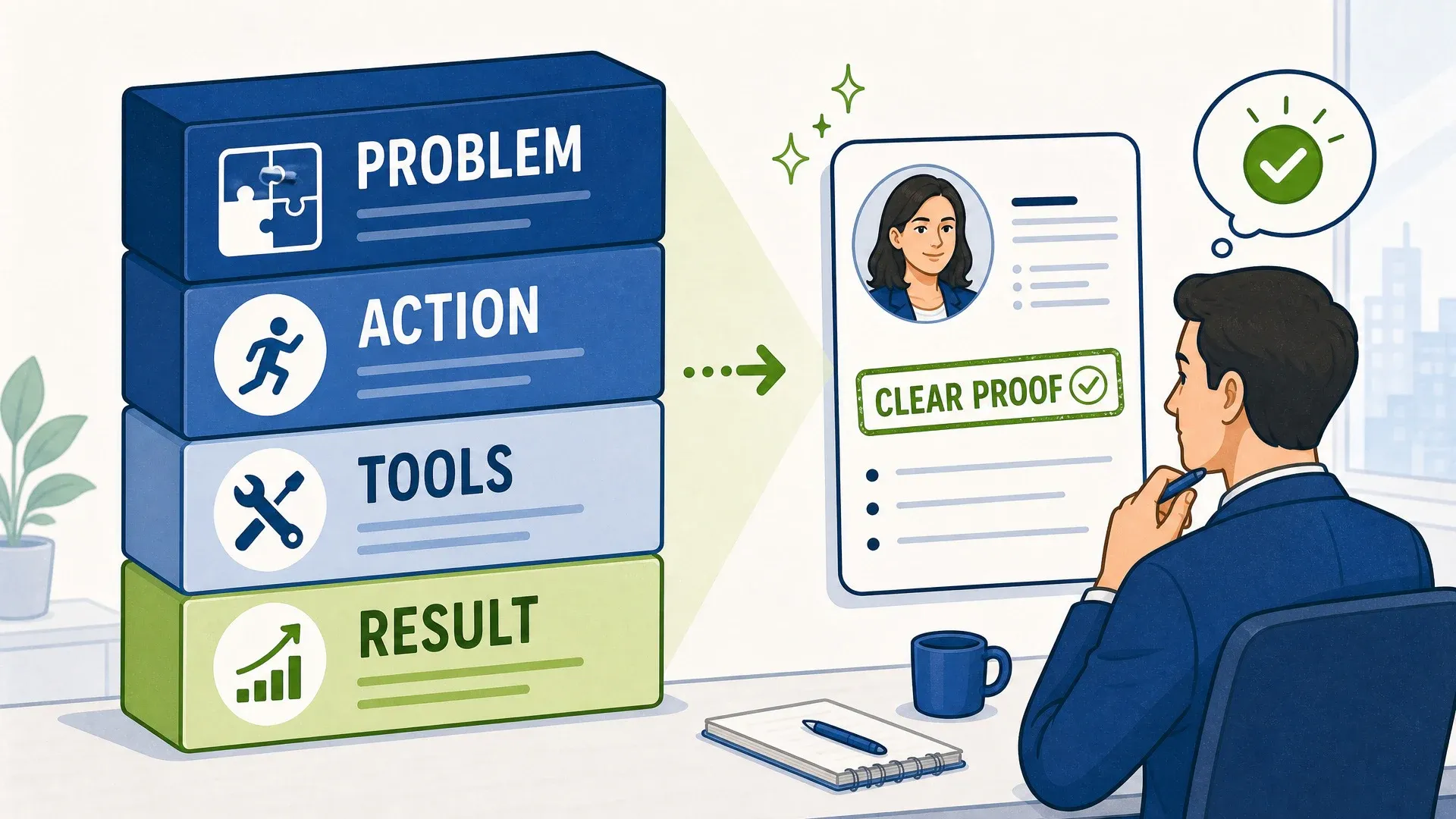 A recruiter reading a profile organized as problem, action, tools, and result.