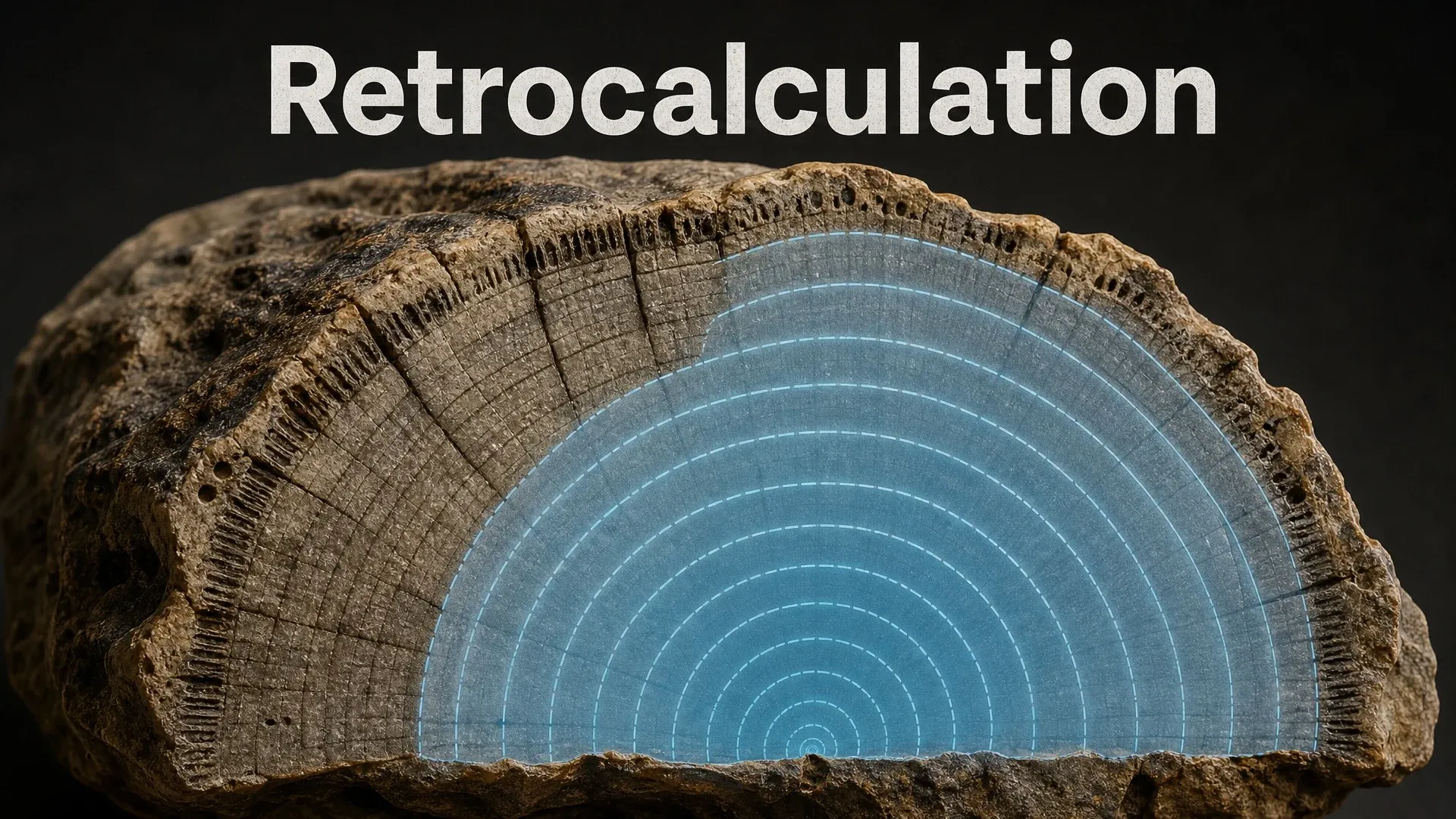A fossil bone cross-section with reconstructed inner growth rings highlighted in blue for retrocalculation.