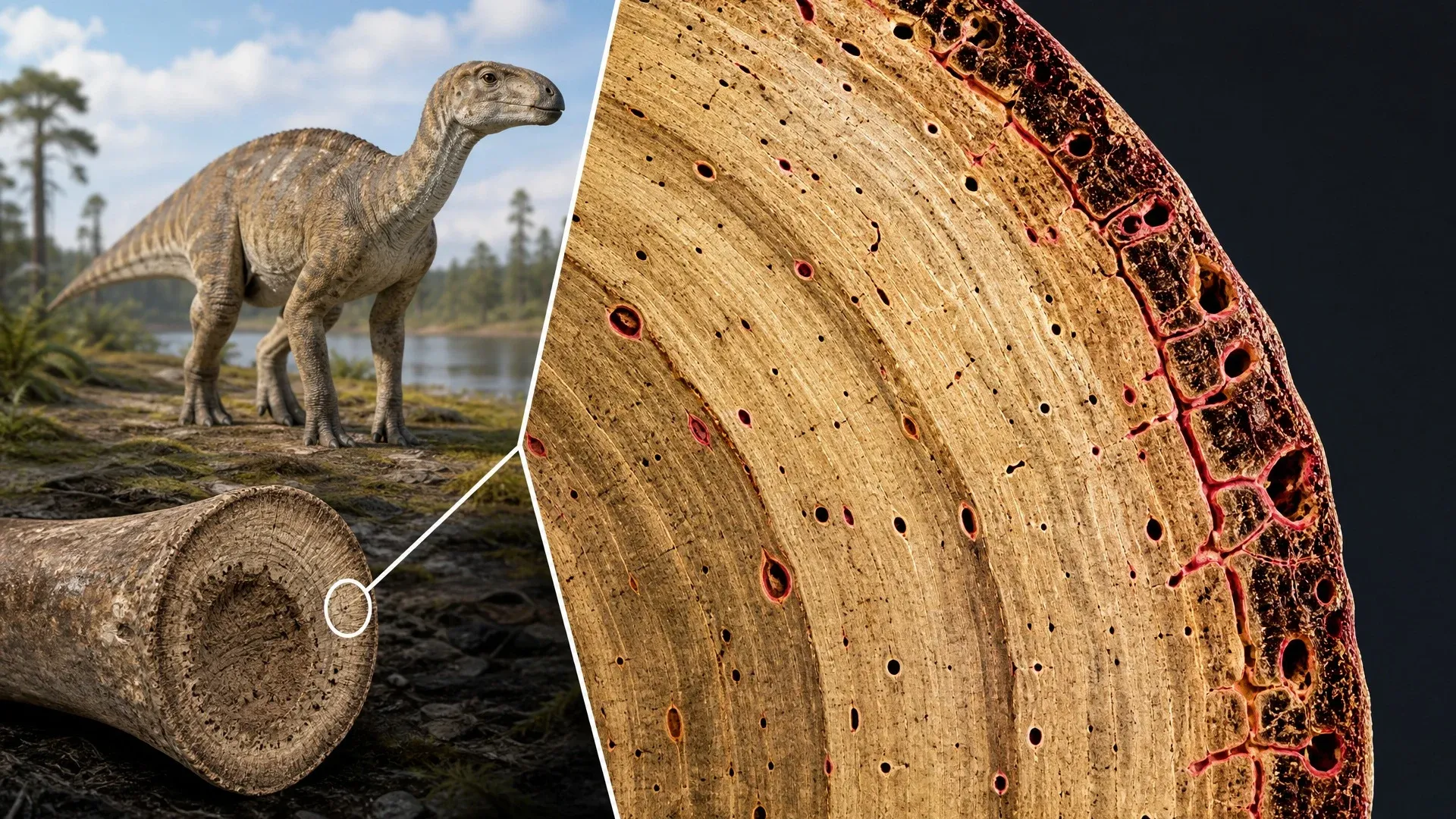A young dinosaur beside a magnified outer bone cortex containing widely spaced growth marks and vascular channels.