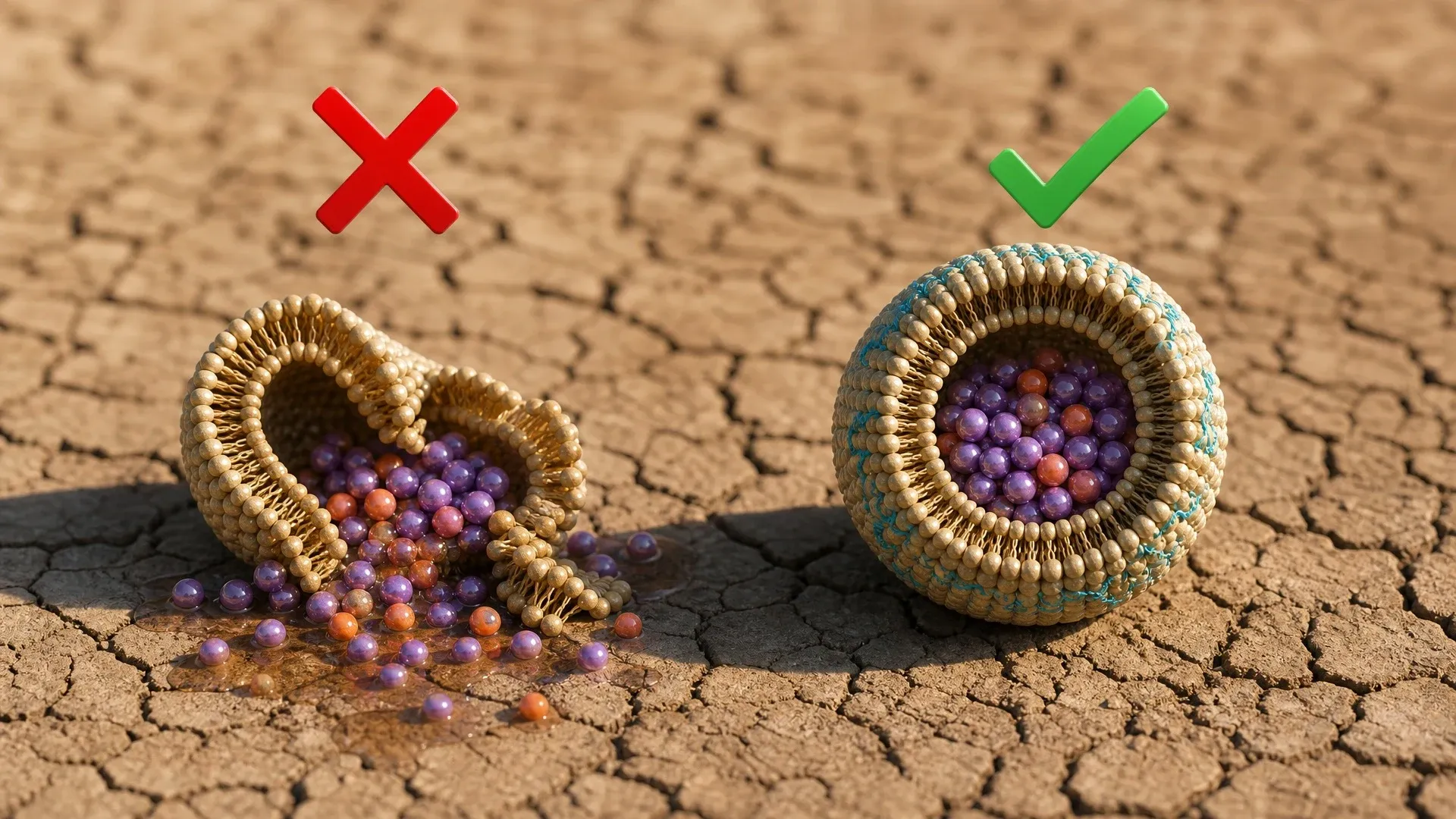 Two model cell membranes under dry conditions, one collapsed and leaking and one held intact by a reinforcing network.
