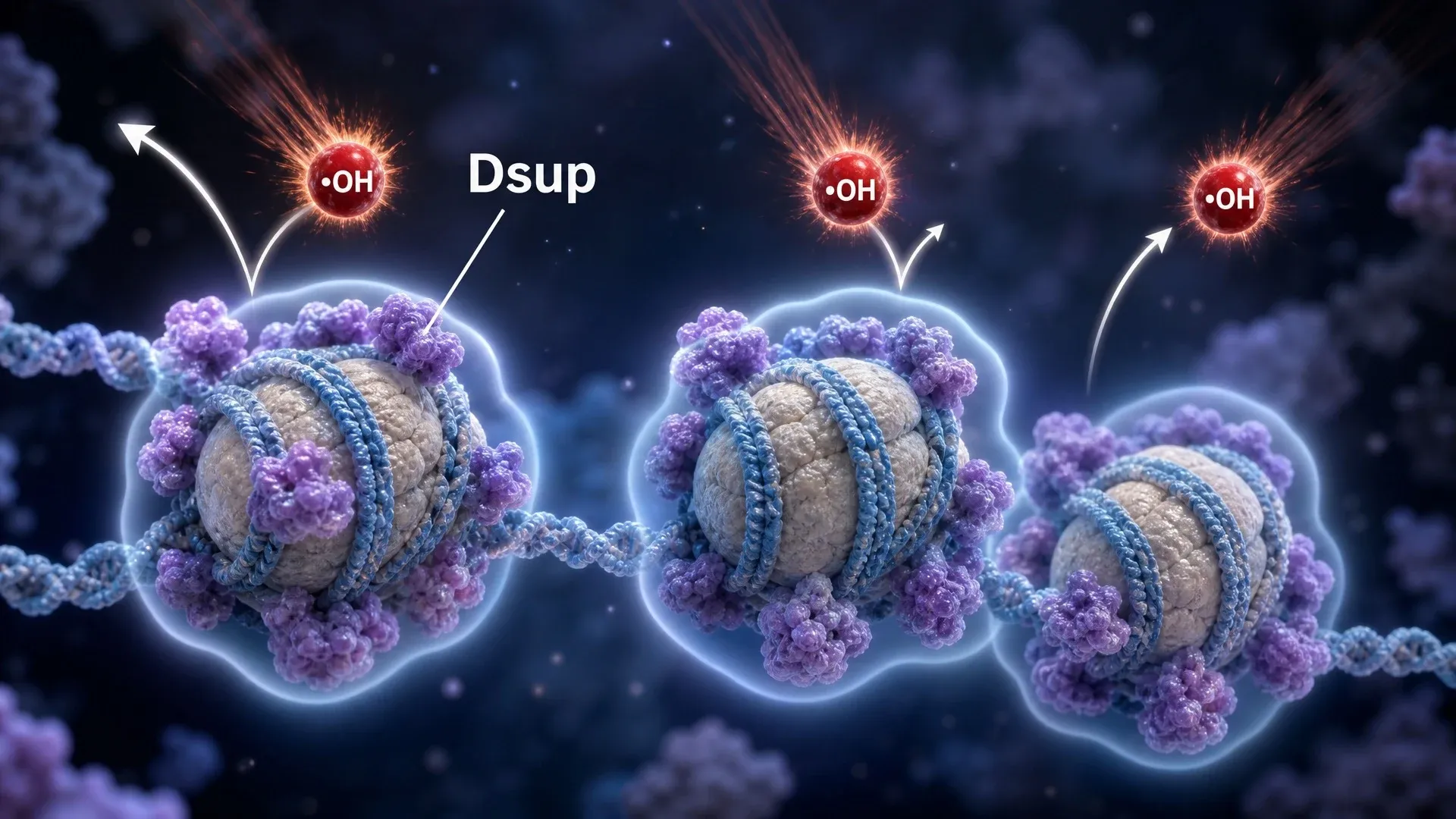 Dsup proteins surrounding DNA-packaging nucleosomes while hydroxyl radicals are deflected away from the protected structures.