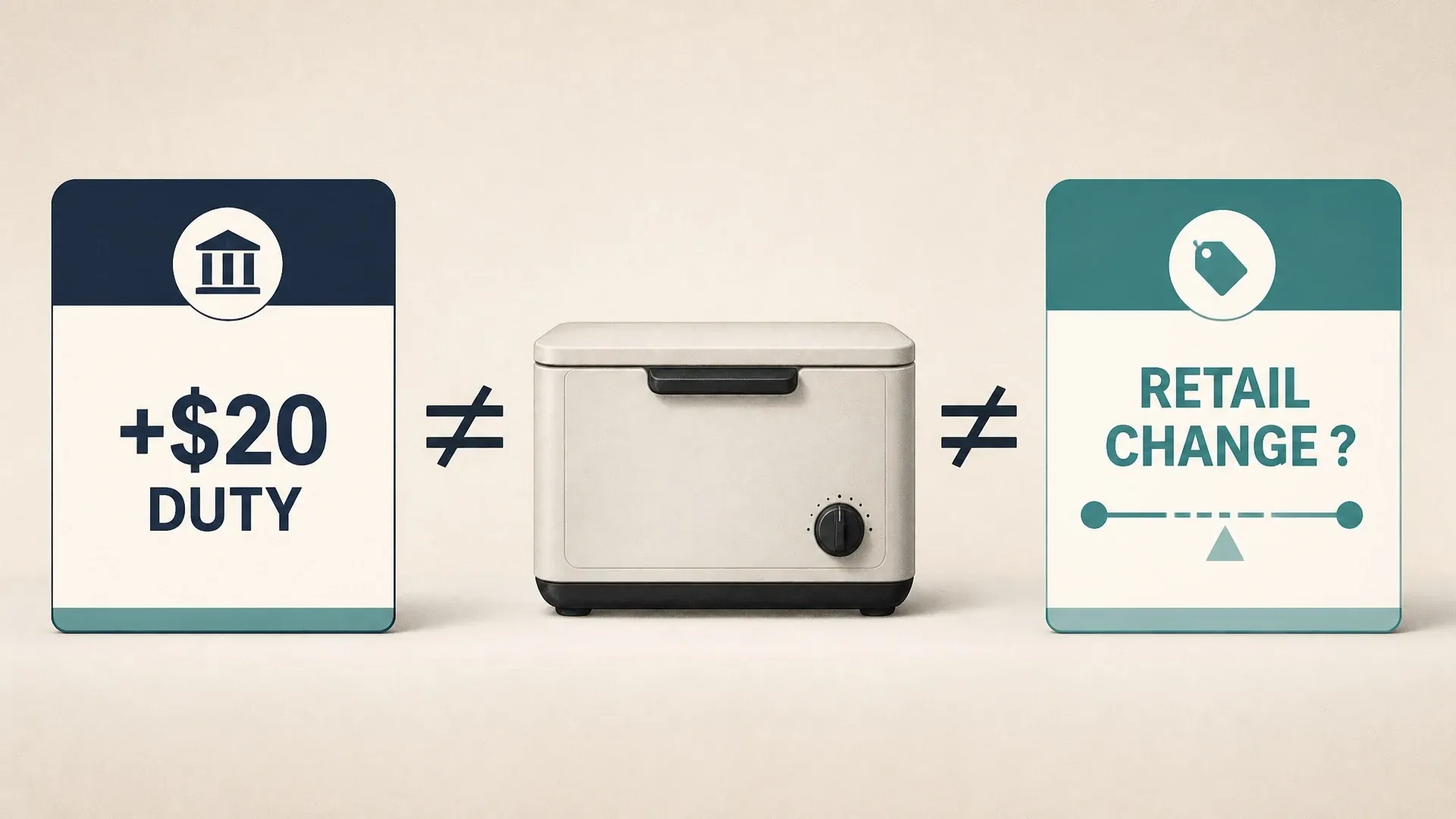 A diagram separates a 20-dollar import duty from the final change in a retail price.