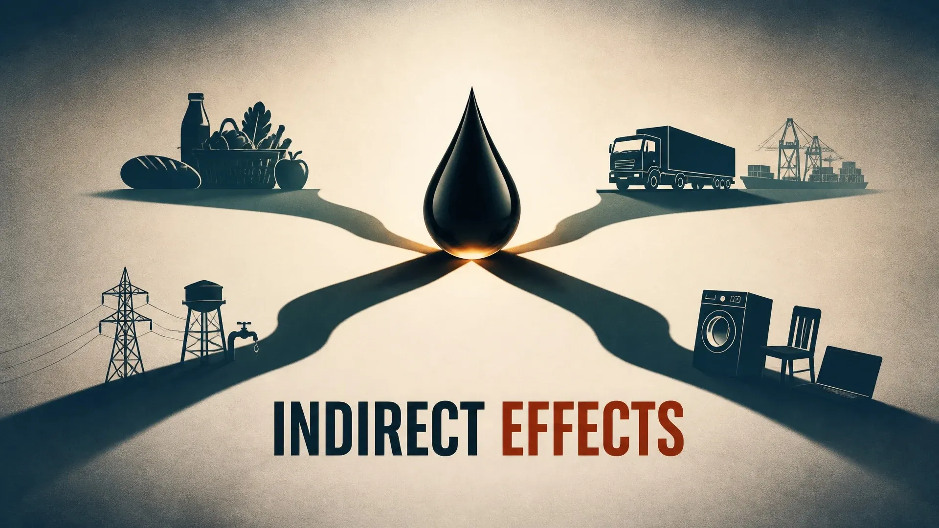 A balance links an oil drop to a truck, power lines, a factory, and packaged goods.