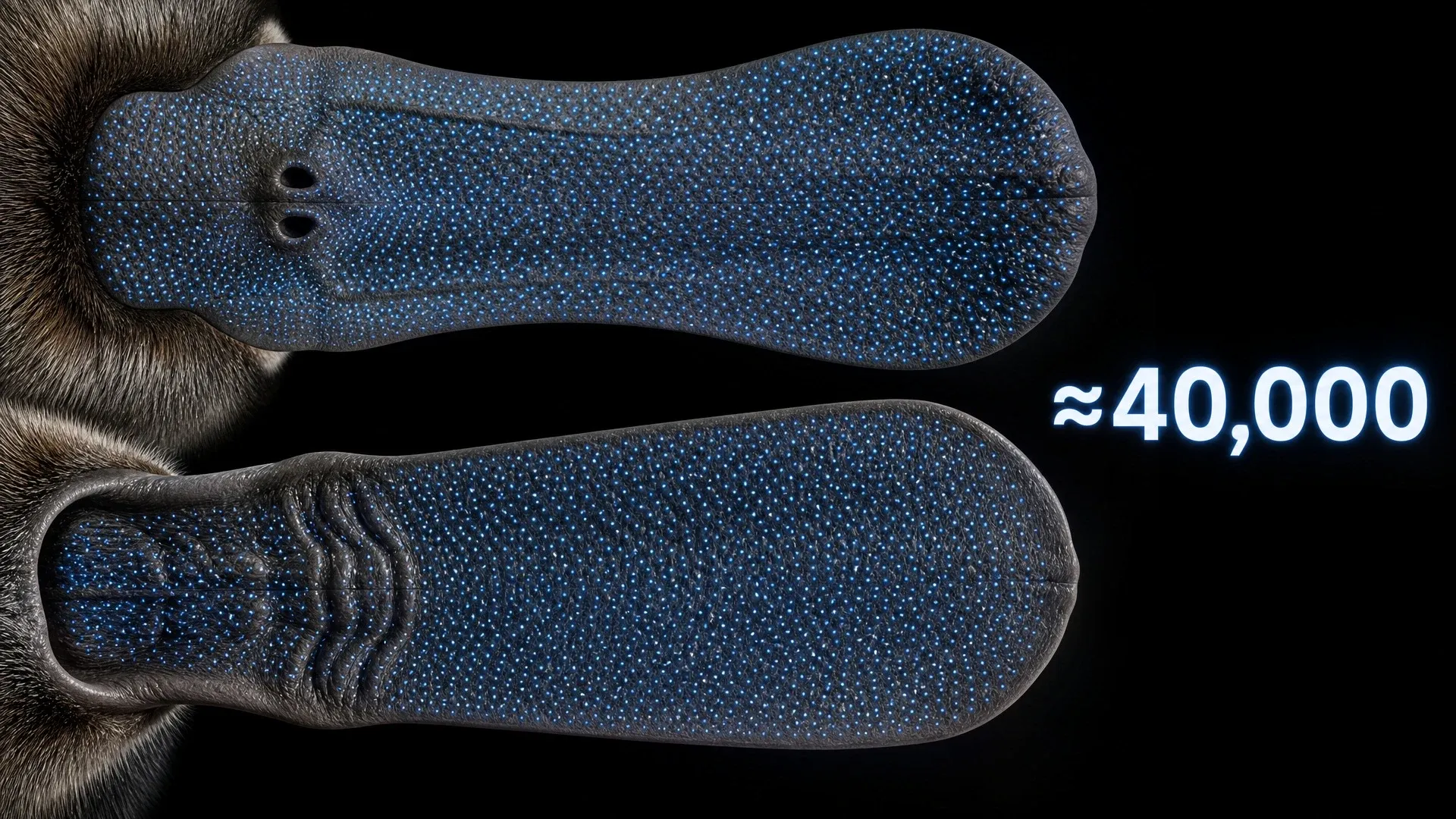 The upper and lower surfaces of a platypus bill marked with dense rows of roughly forty thousand receptors.