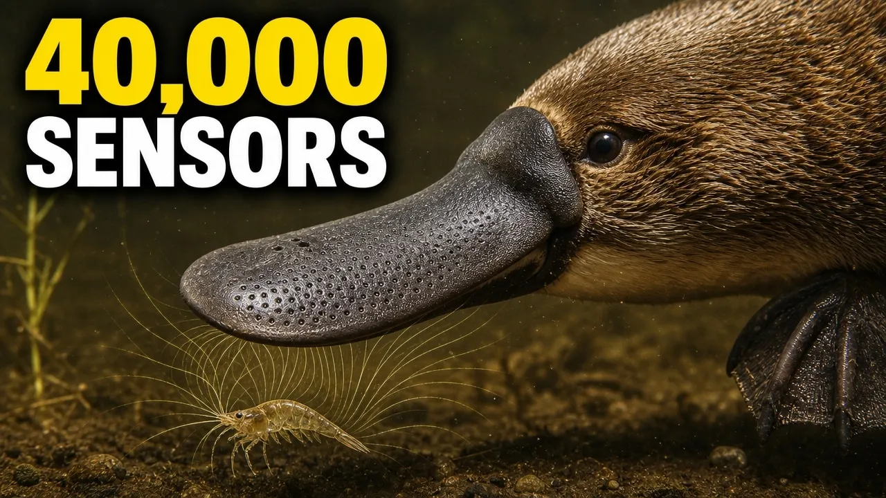 A platypus underwater with glowing electrical ripples spreading from hidden prey toward its bill.