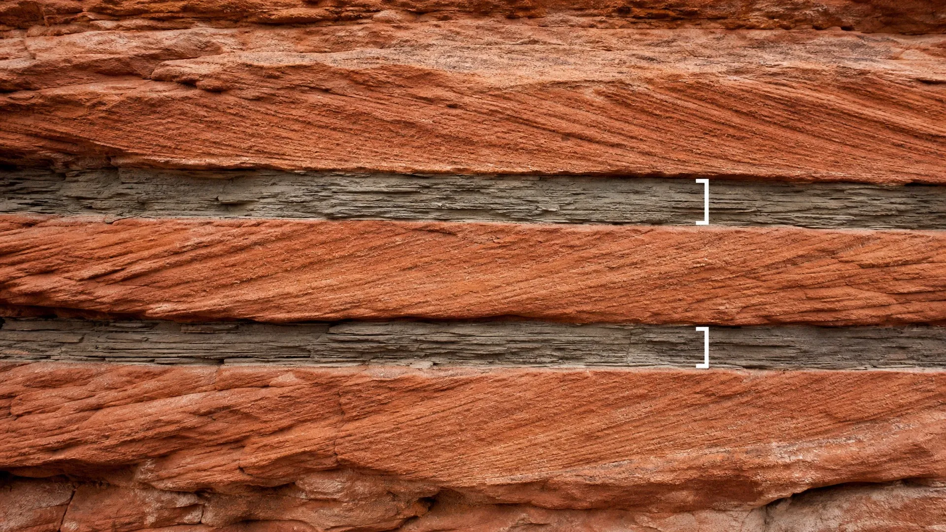 Alternating red sandstone layers with pale bands exposed in a desert outcrop.