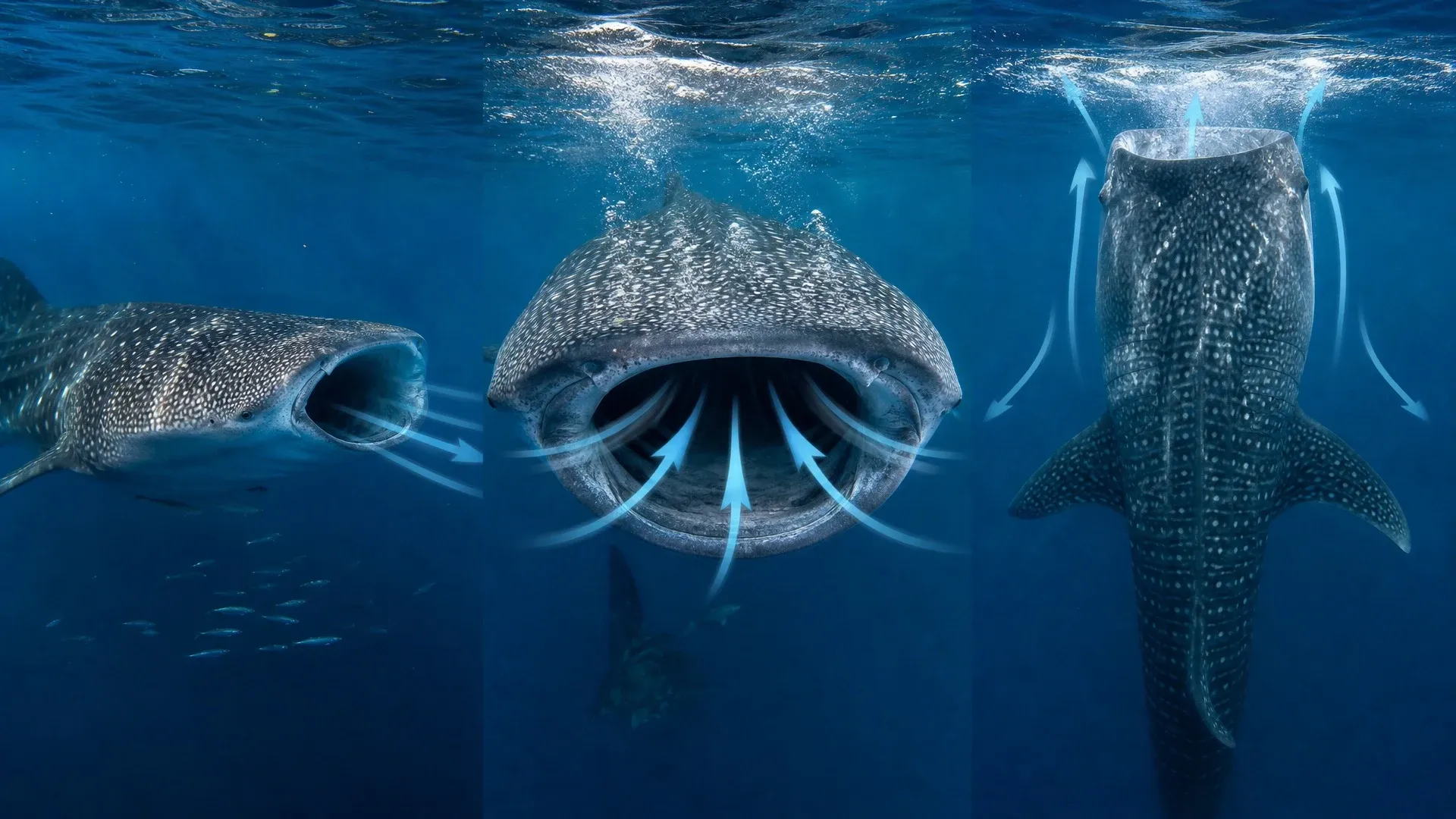 Three views of a whale shark show water entering its open mouth during different feeding positions.