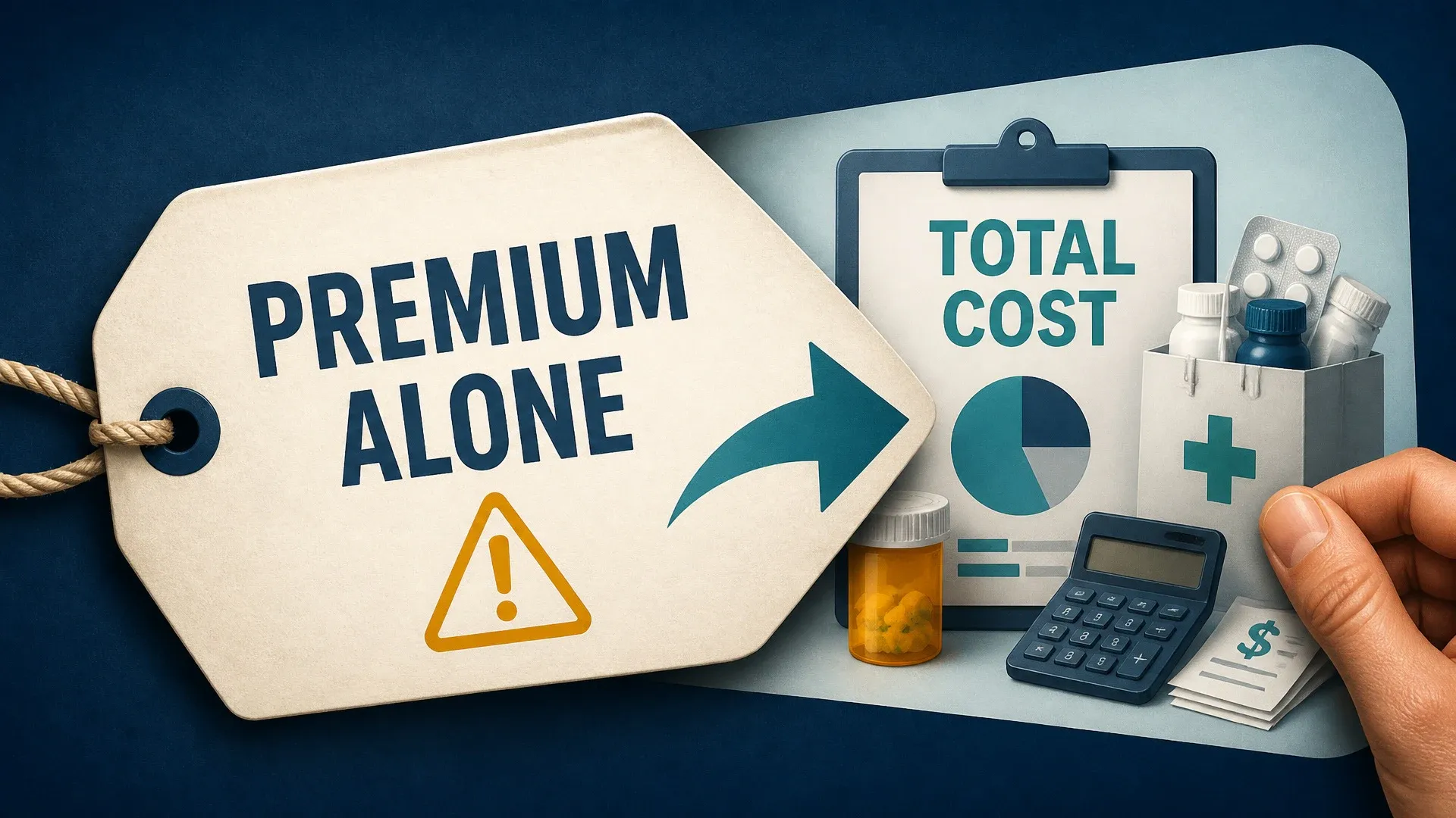 A premium price tag beside a total-cost chart with medicine, calculator, and pharmacy costs.