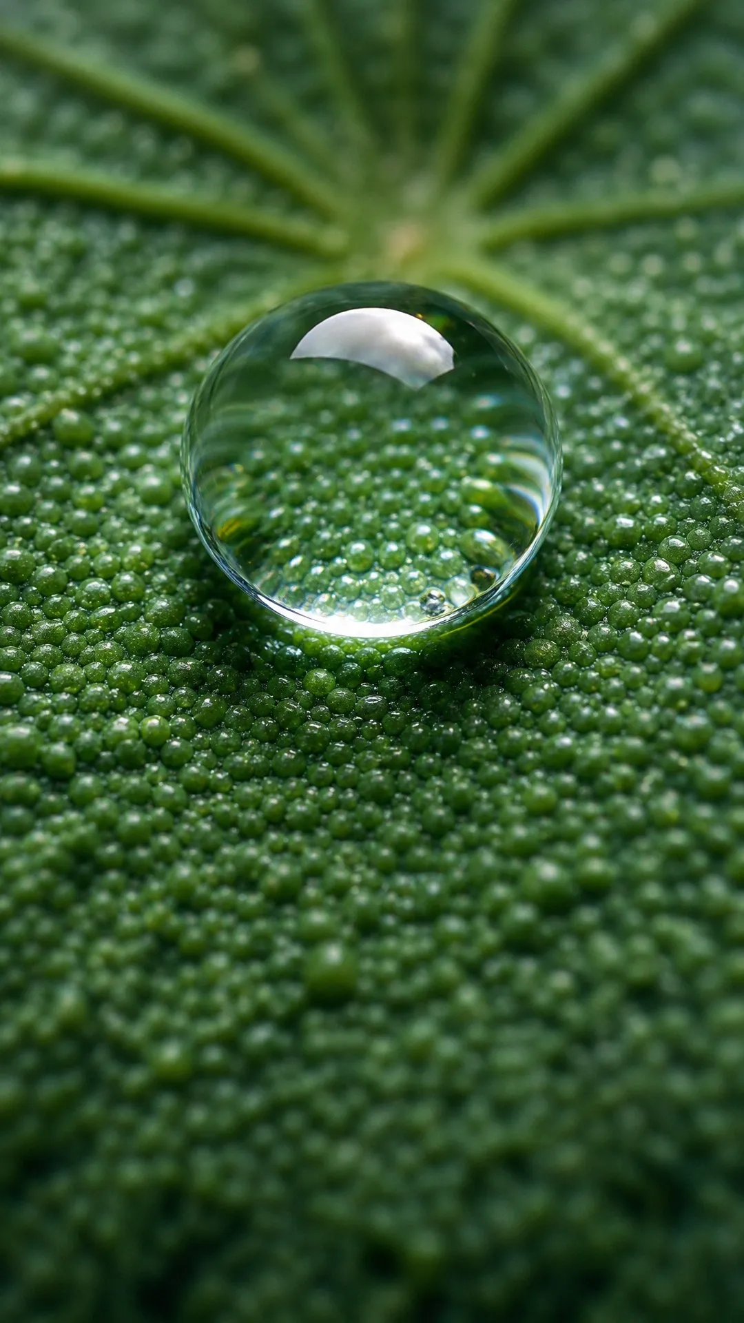 A perfectly rounded water droplet resting on the microscopic texture of a green lotus leaf.