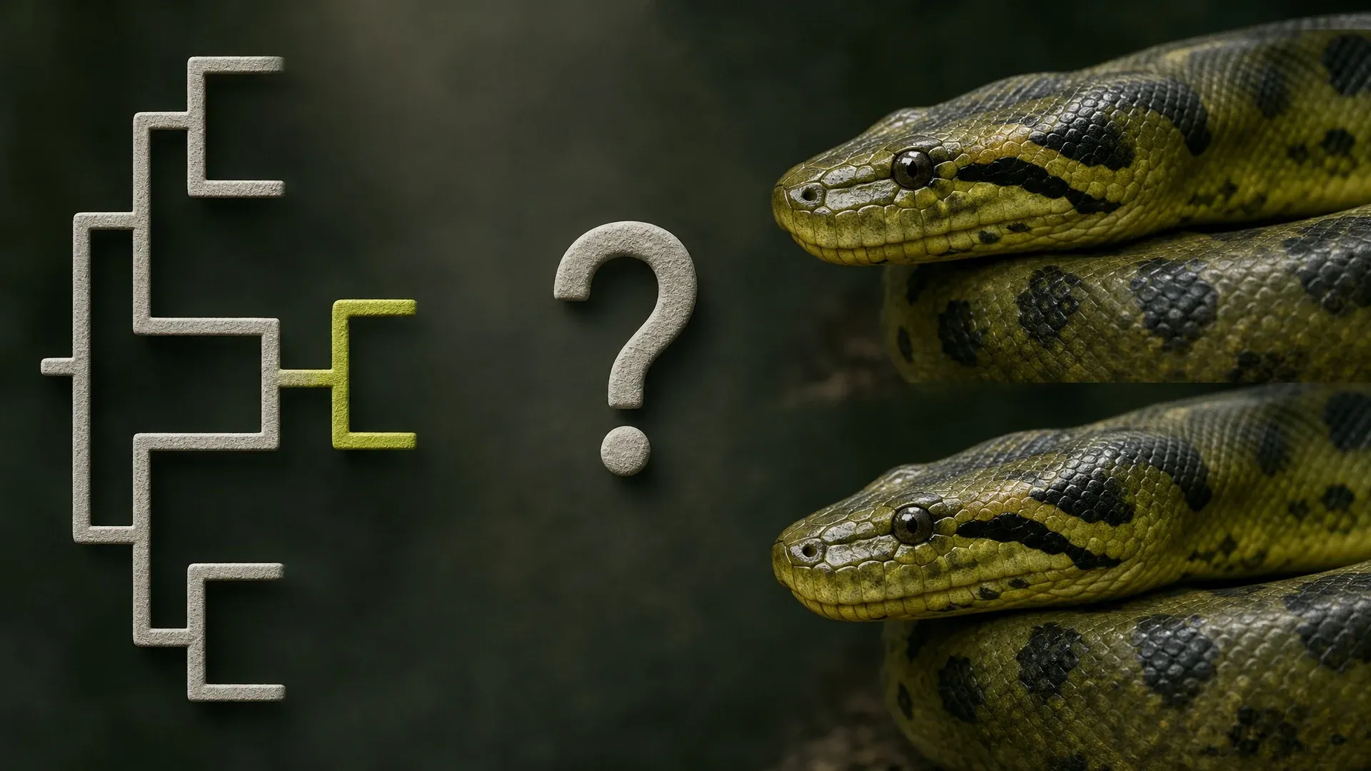 A green anaconda beside a branching family tree and a question mark, illustrating uncertainty about species rank.