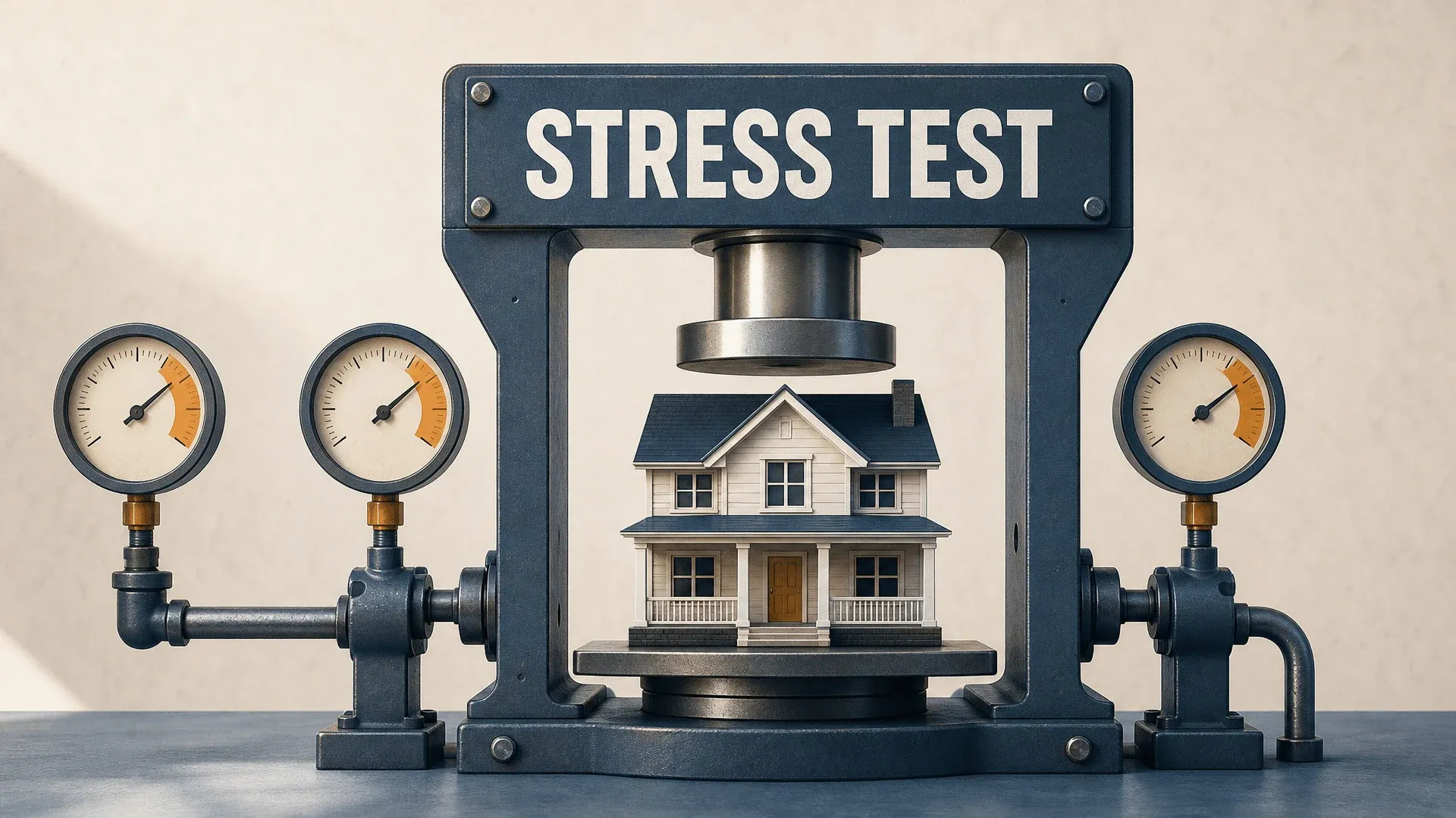 A house under a stress-test machine with gauges for financial pressure.