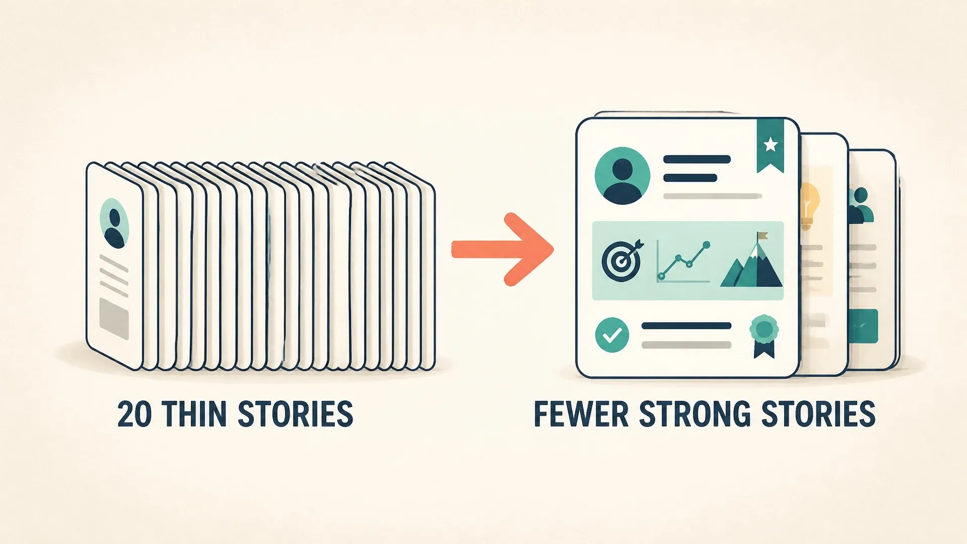 A stack labeled 20 thin stories points toward a smaller group of detailed evidence cards.