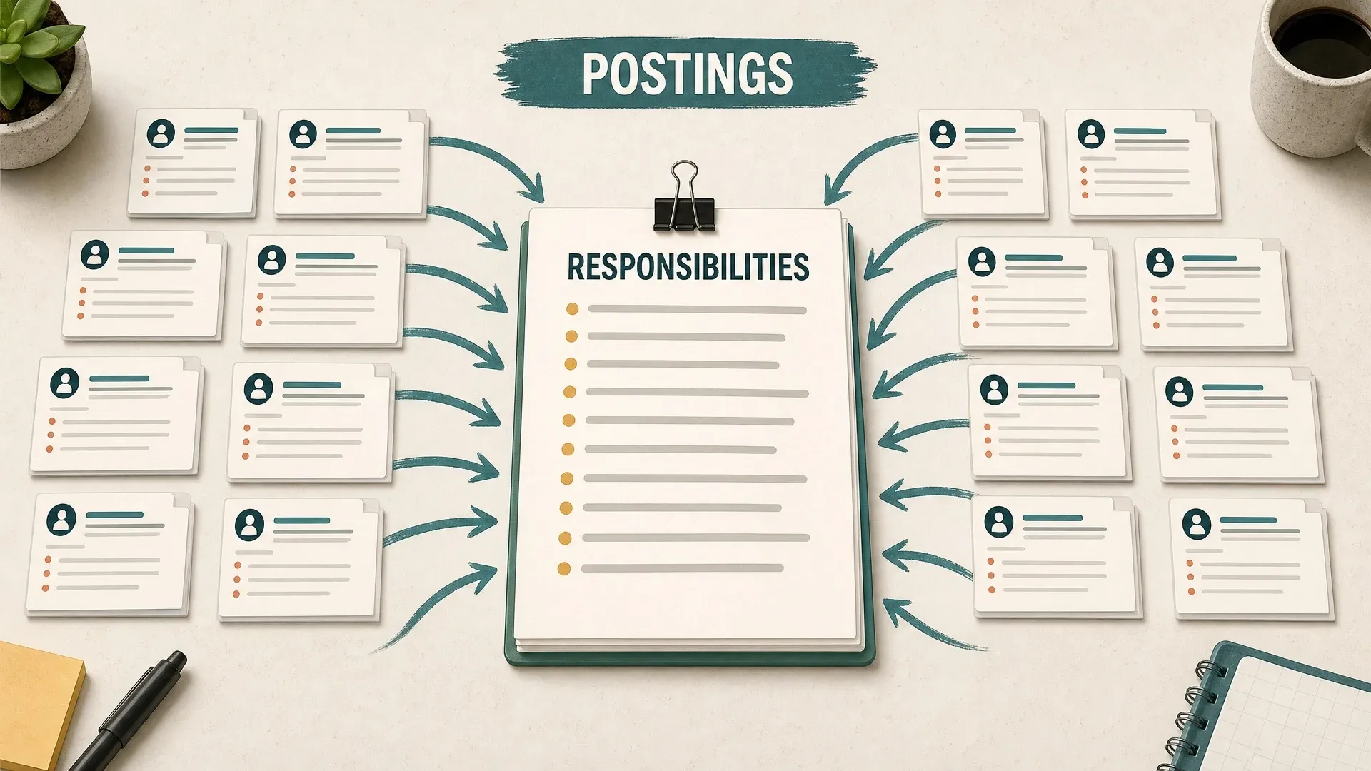 Several job postings feeding their repeated responsibilities into one evidence list for career research.