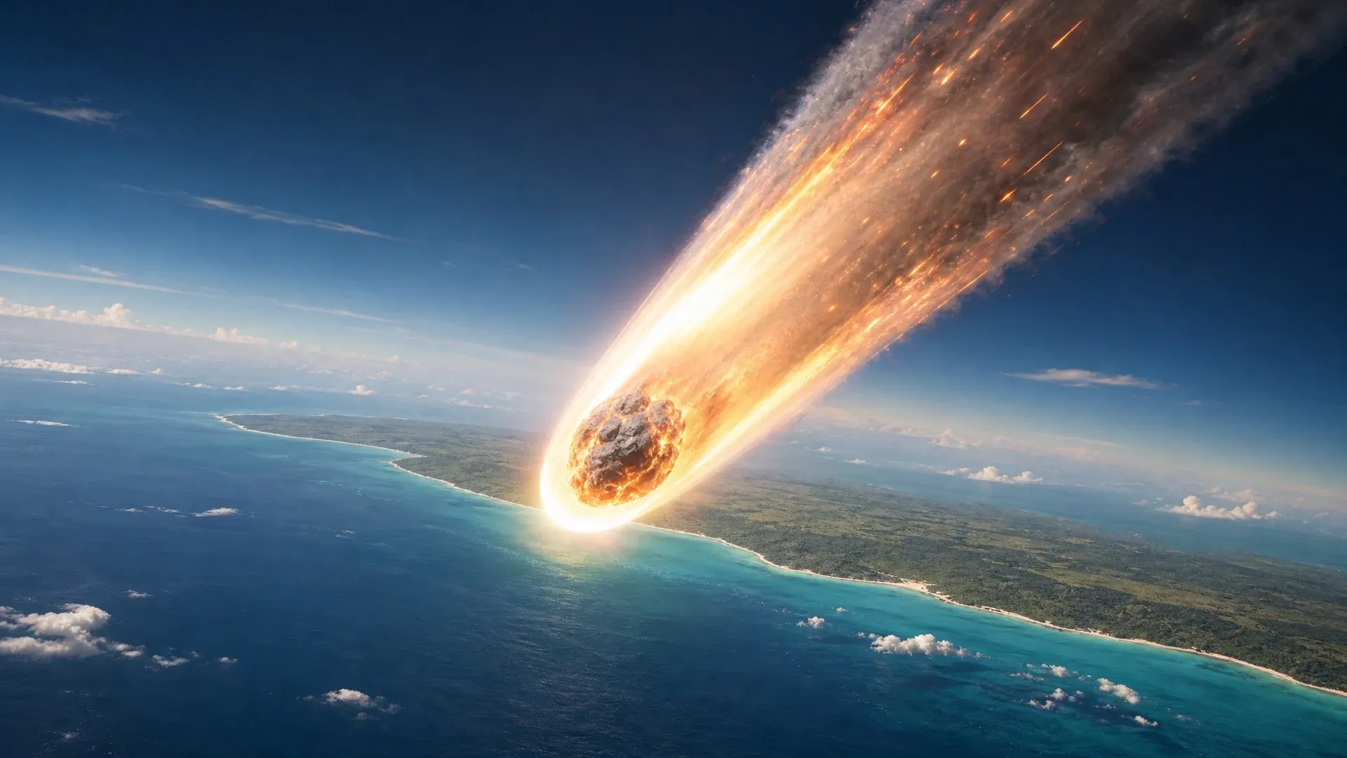 A large asteroid crosses the atmosphere toward a shallow tropical sea on the Yucatan Peninsula.