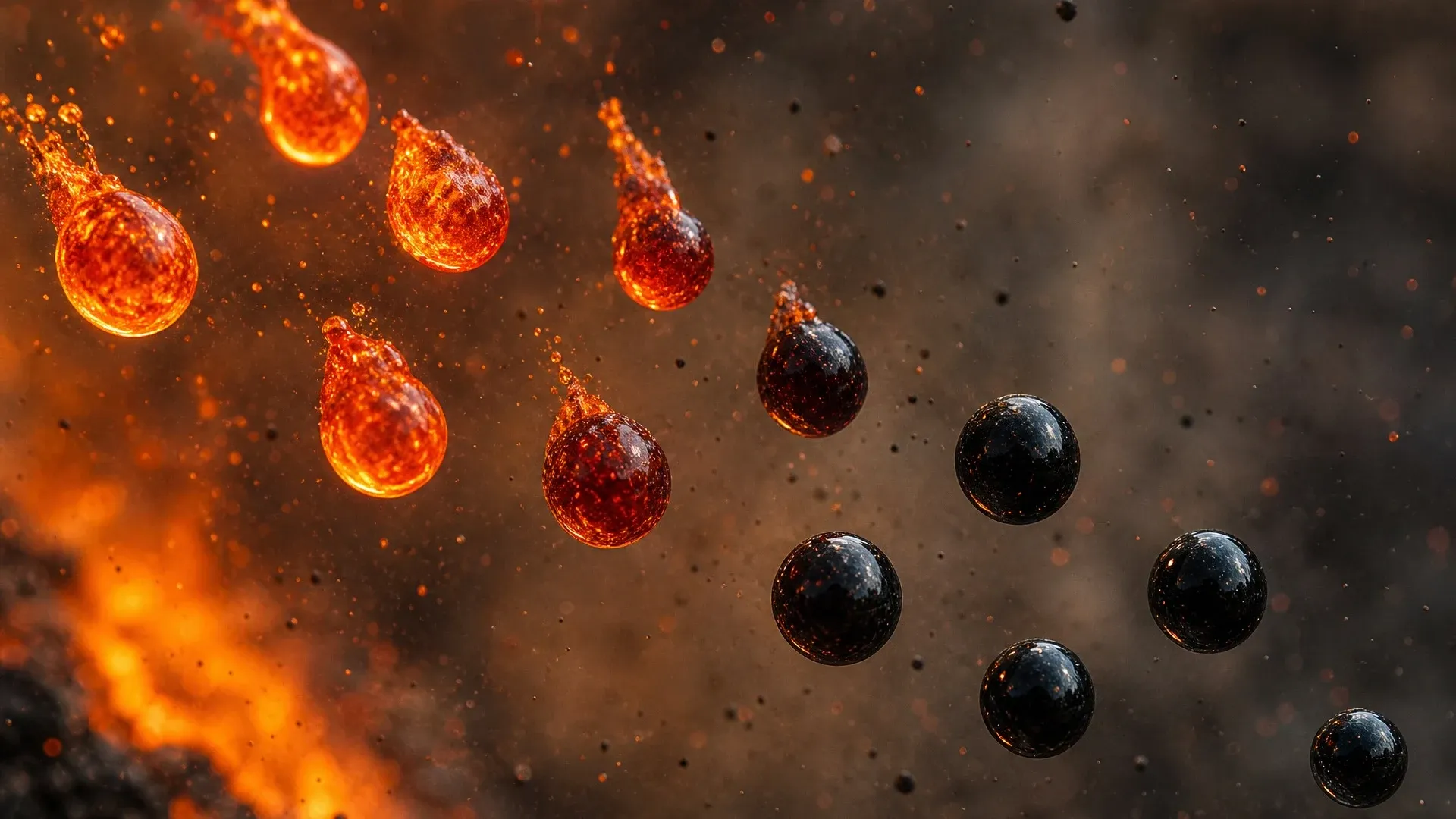 Molten droplets cool into dark glassy spherules while falling through a fiery atmosphere.