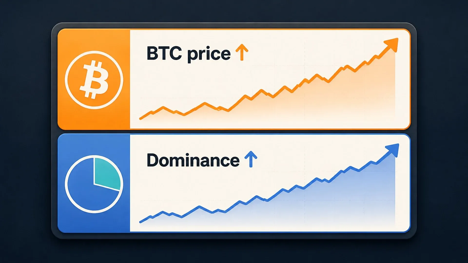 Two rising charts compare Bitcoin's price with a separately rising Bitcoin dominance percentage.