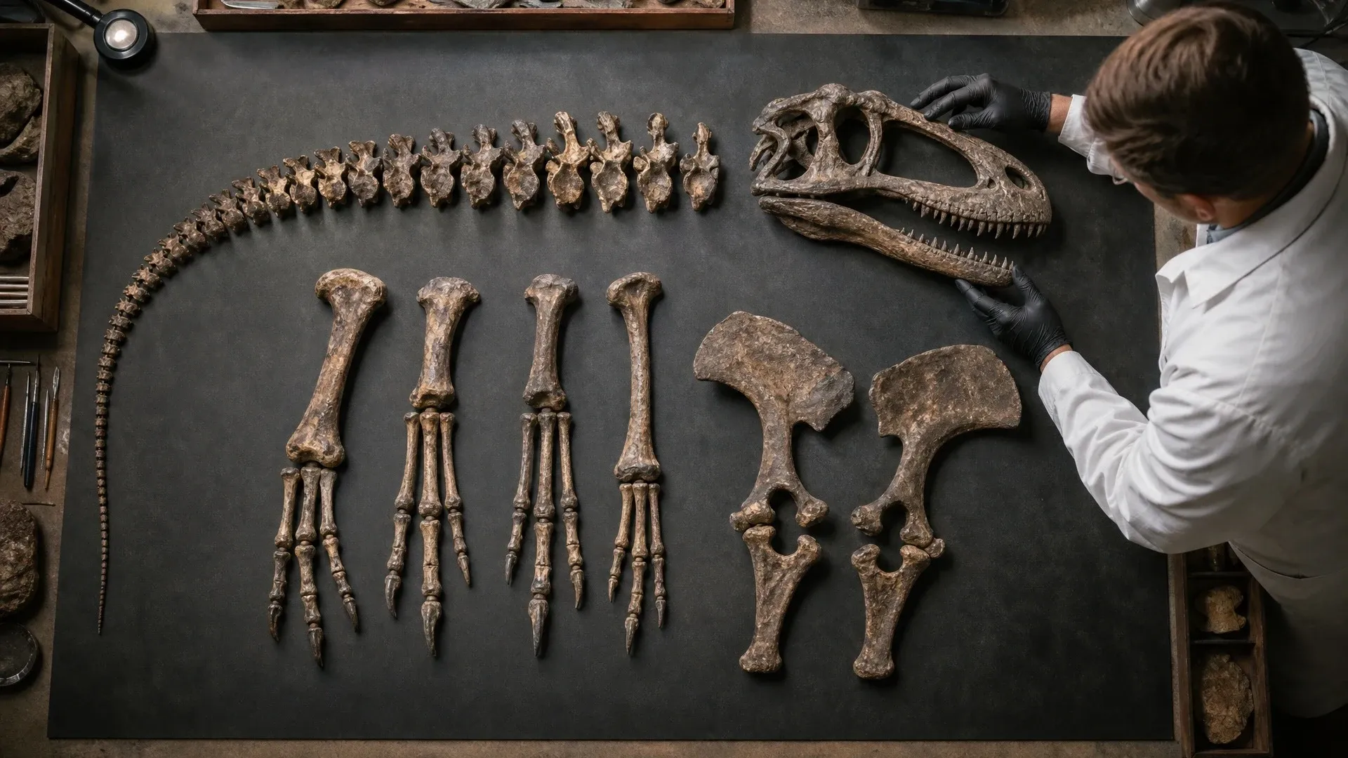 A researcher compares Nanotyrannus limb, pelvis, tail, and skull bones arranged on a laboratory table.