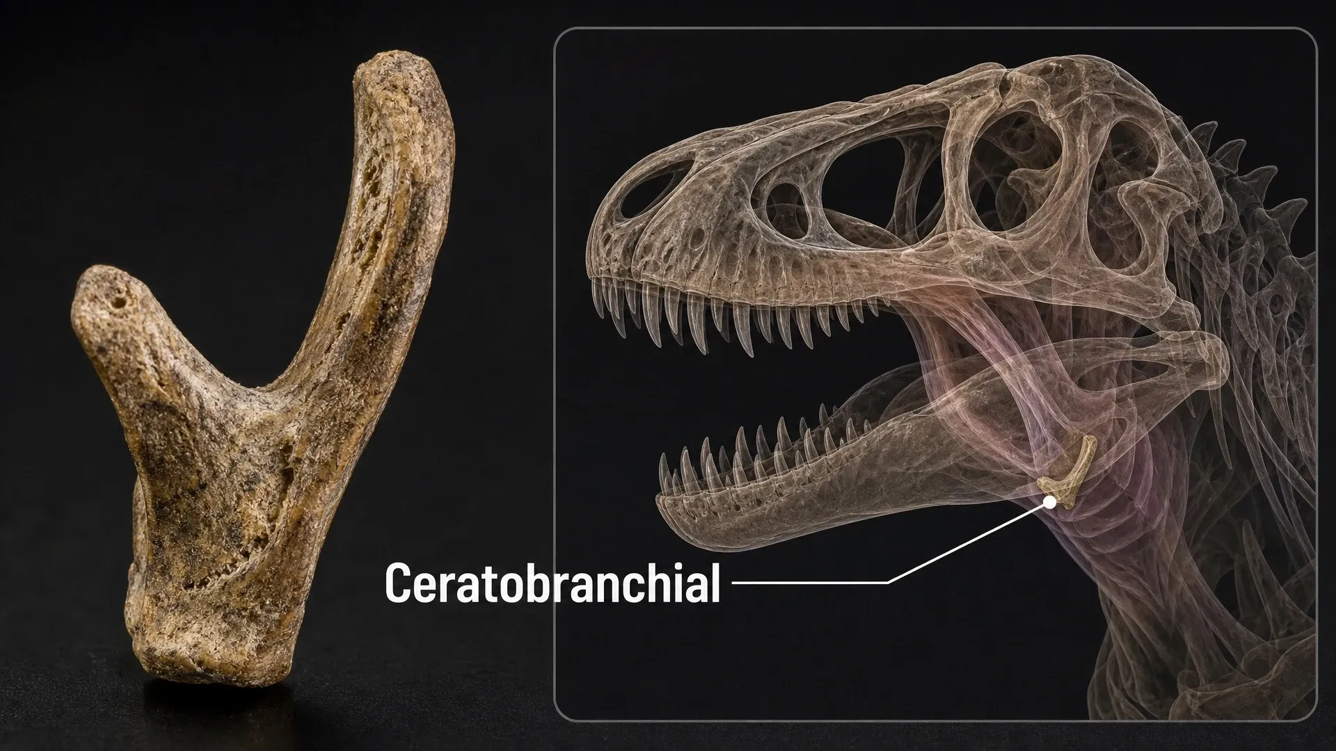 A curved ceratobranchial throat bone displayed beside its position beneath a transparent tyrannosaur skull.