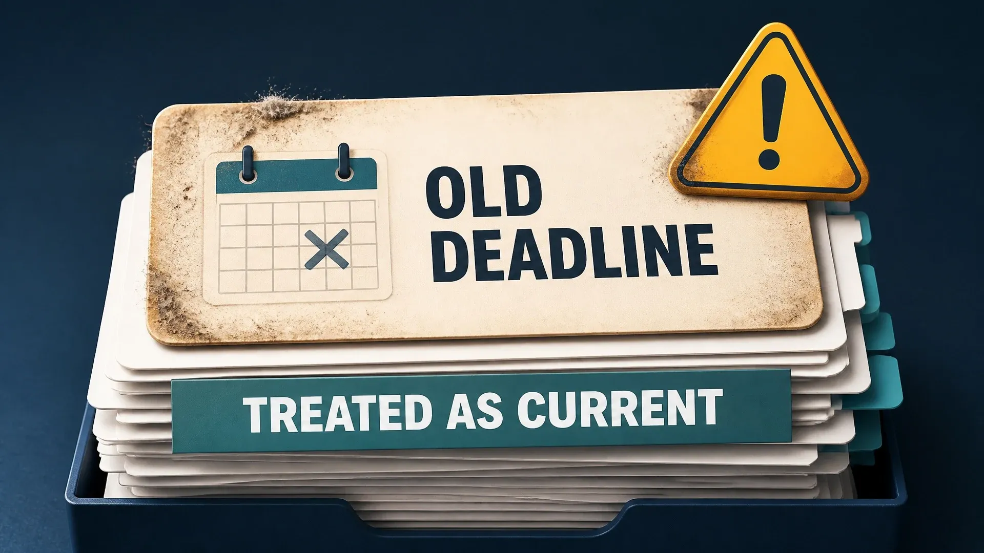 An old deadline card is incorrectly marked as current beside a warning symbol in a stack of stored records.