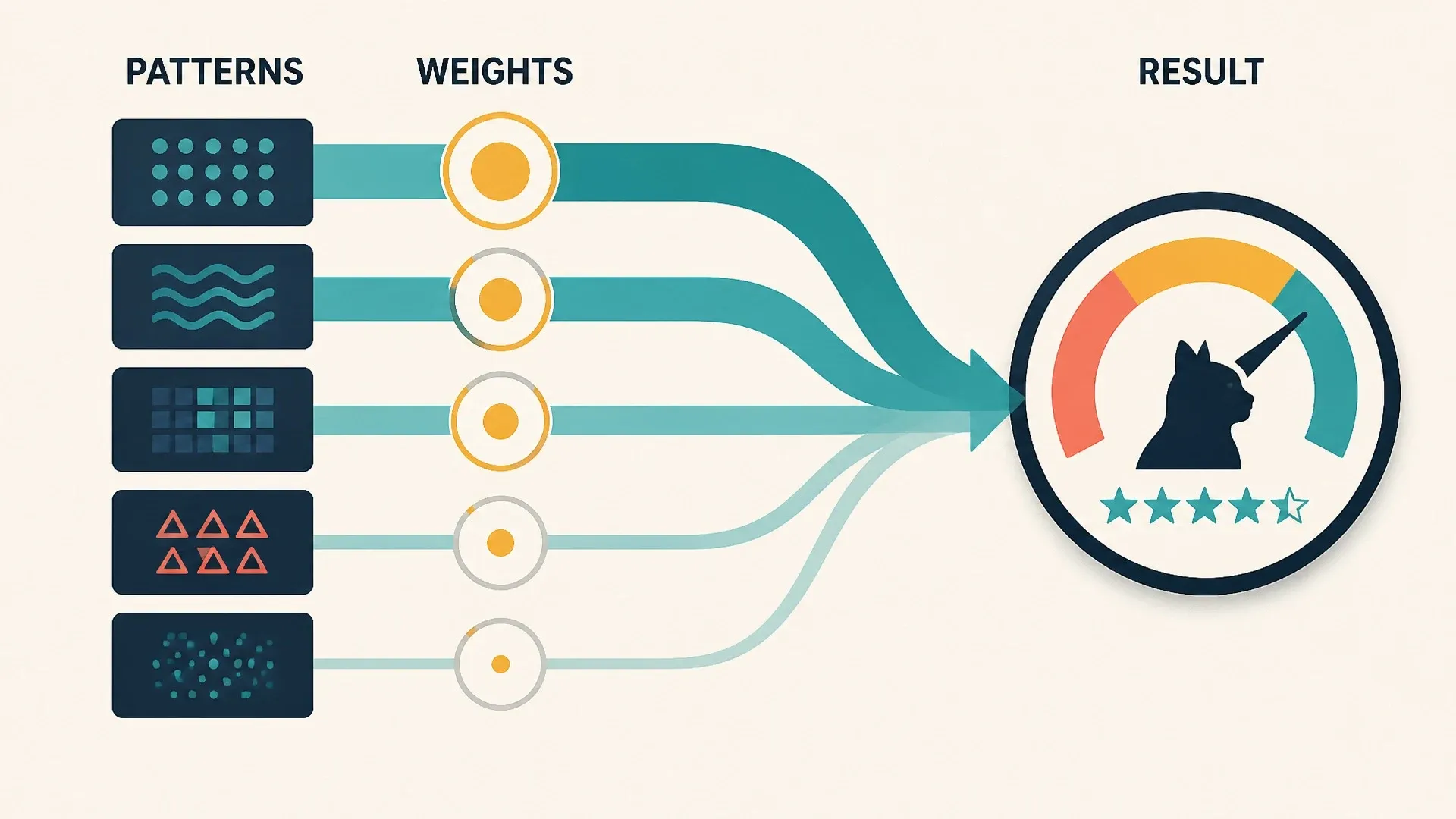 Several input patterns pass through adjustable weights and contribute to a classification result.