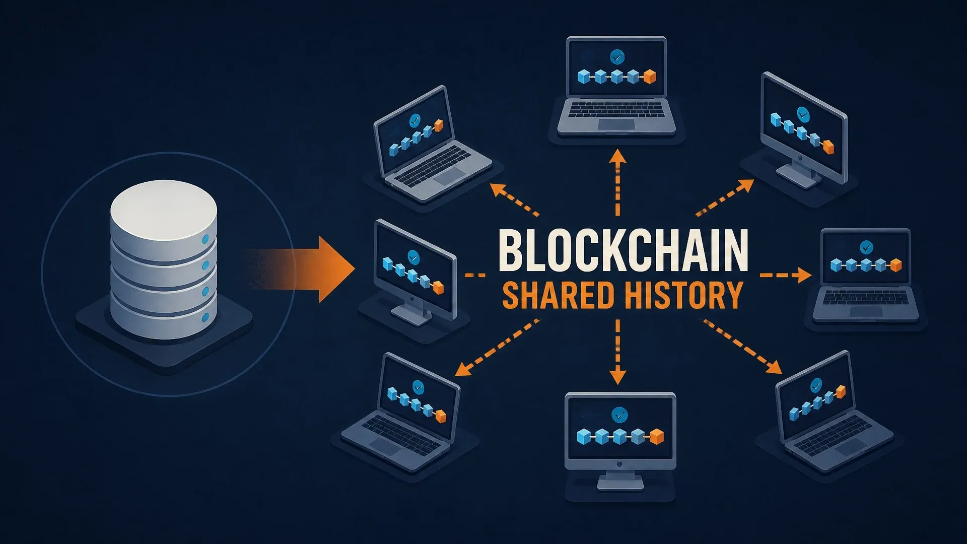 A central database branches into many computers that each hold and verify the blockchain's shared history.
