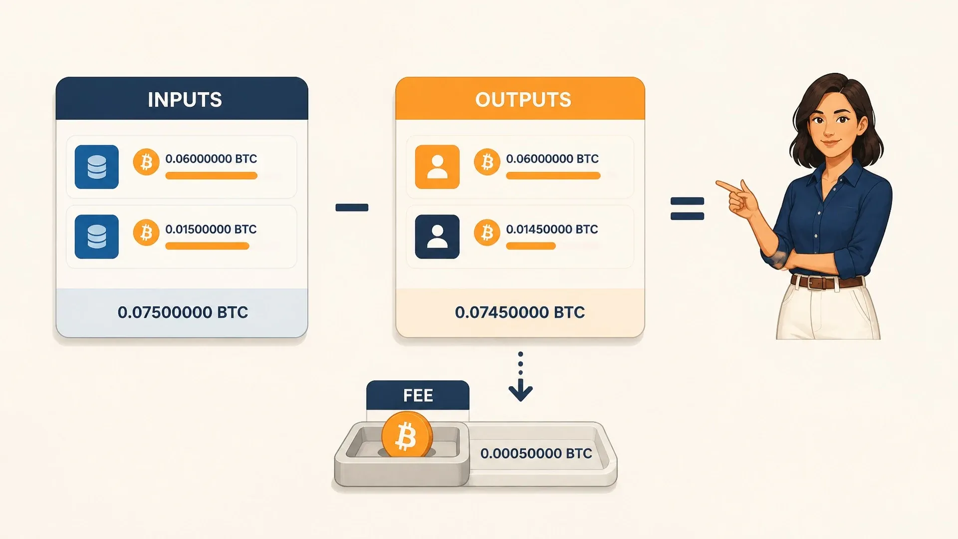 A Bitcoin transaction diagram shows old inputs, two new outputs, and the difference allocated as a miner fee.